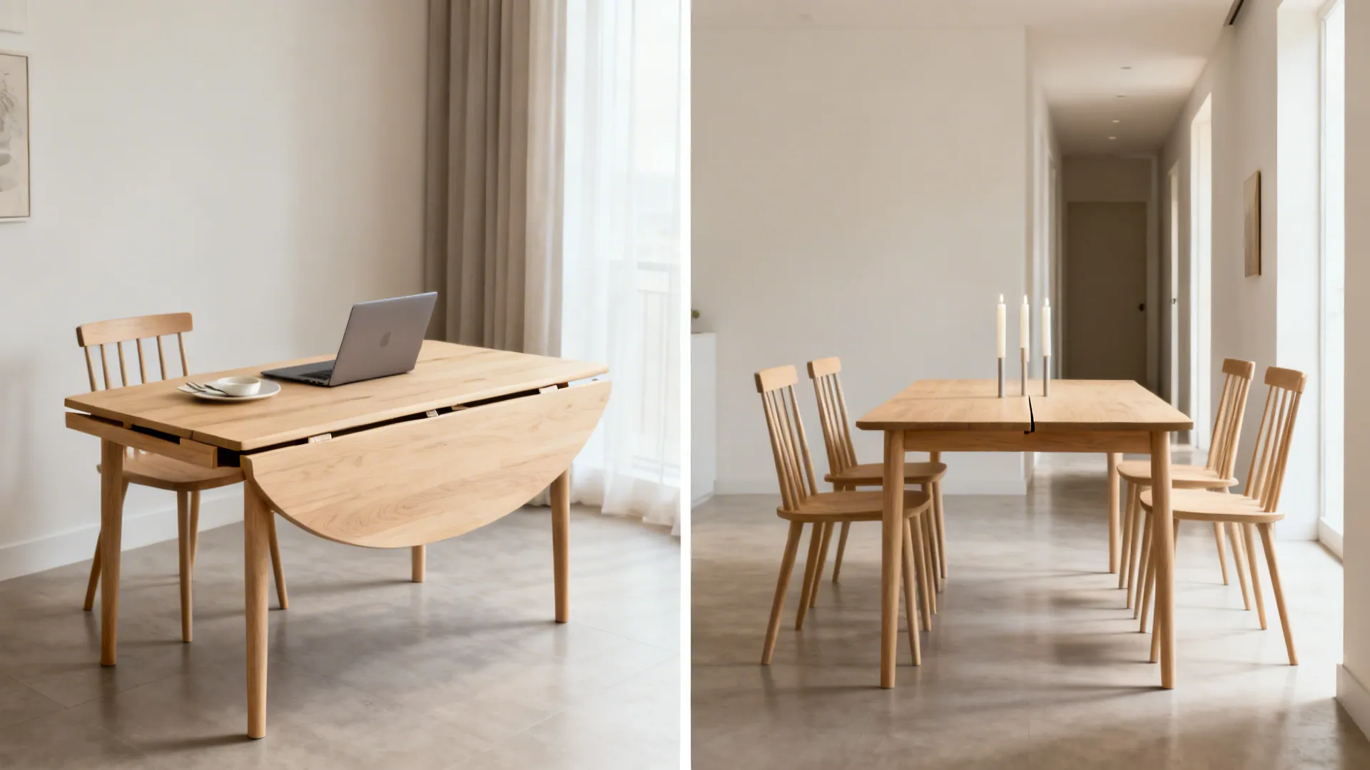 Extendable dining table shown closed for daily use and opened to seat six while keeping clear paths.