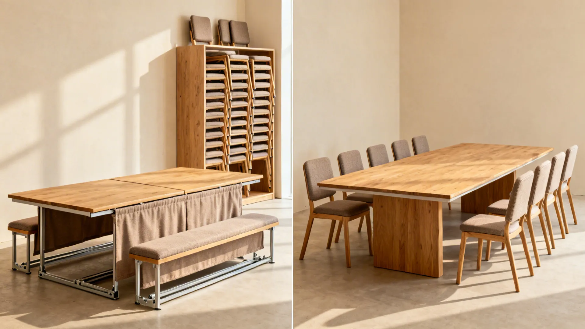Before and after comparison of a compact folding table versus an expanded large dining table