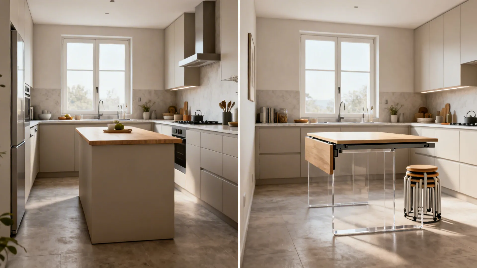Before-and-after of a small kitchen switching from a bulky table to a compact extendable set.