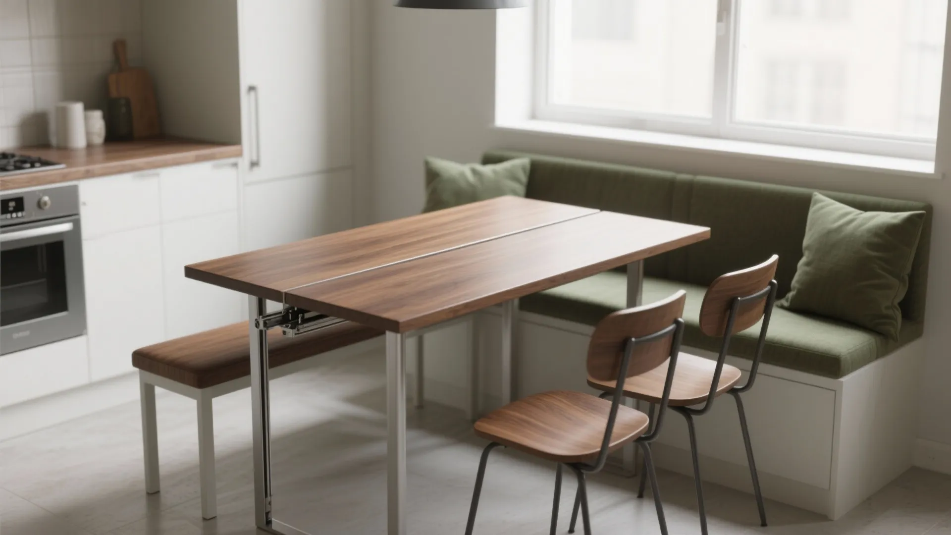 Modern kitchen dining area with wood table bench seating green pillows and two wooden chairs