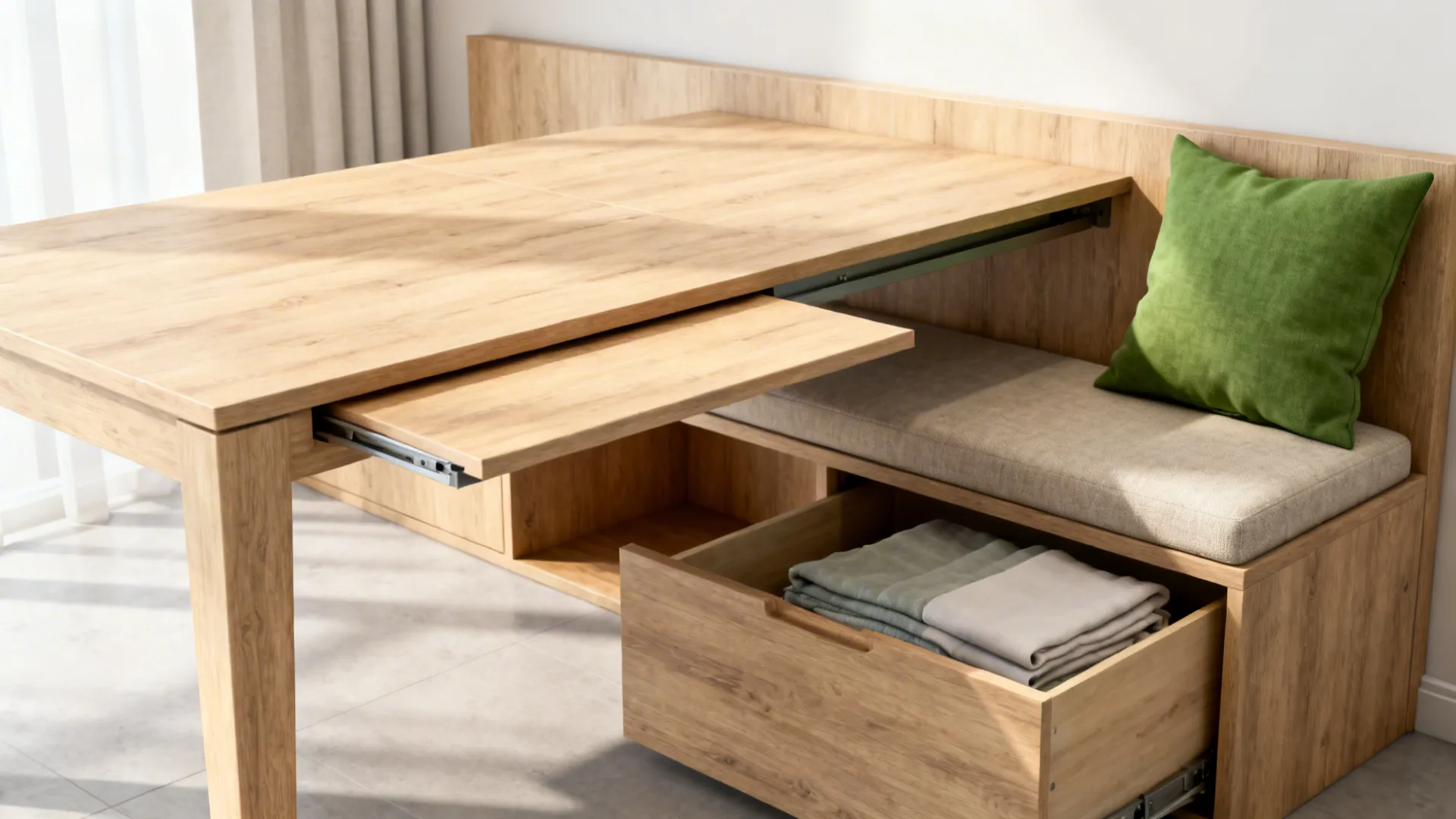 Extendable rectangular table with a storage bench tucked underneath in a compact dining area
