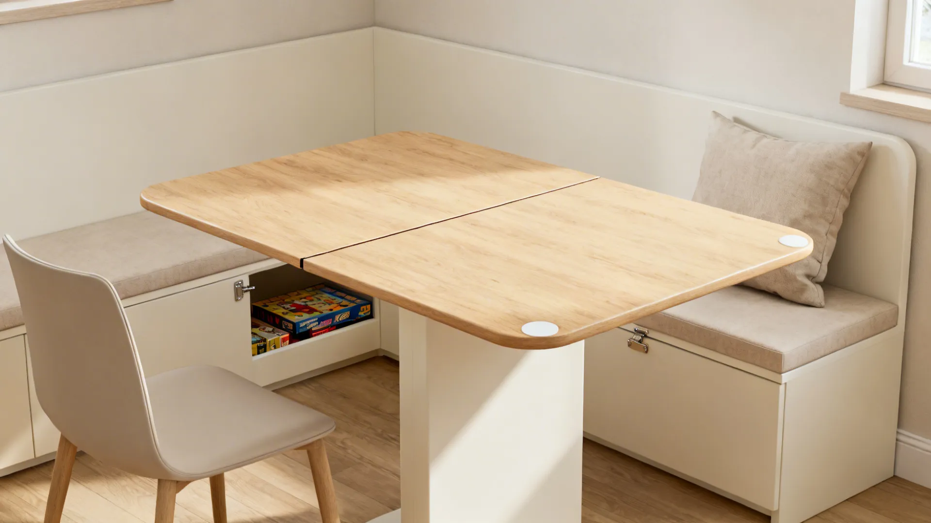 Compact extendable table with a cushioned storage bench in a small dining corner.