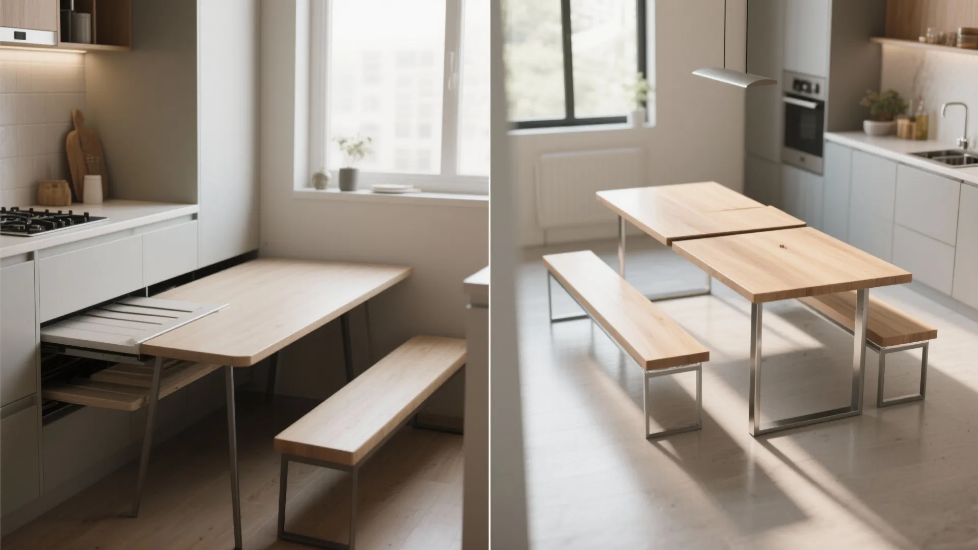 Before-and-after view of a slim extendable rectangular table with benches tucked under when closed and extended for guests when open.