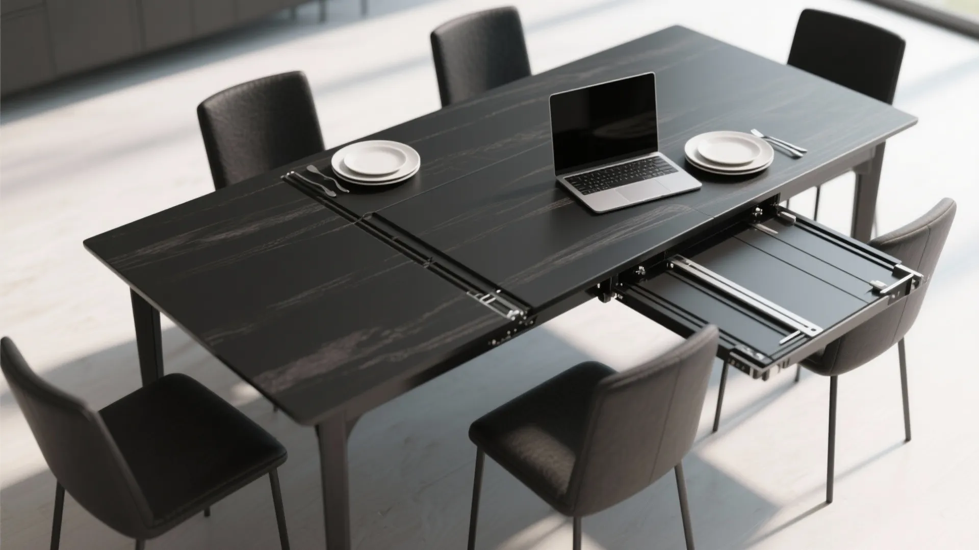 4. Extendable black table for multi-use rooms