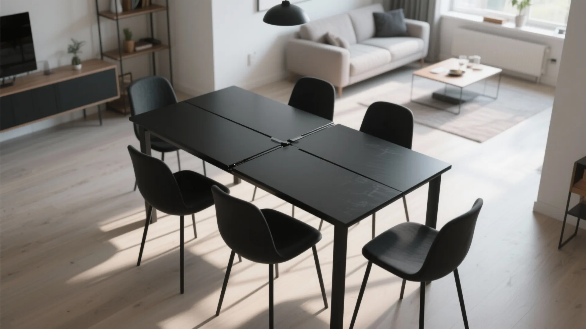 Minimalist black rectangular dining table with six chairs in an open plan modern living room