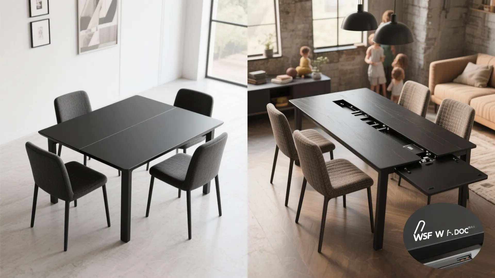Extendable matte black dining table shown compact and fully extended with a close-up of the extension mechanism.