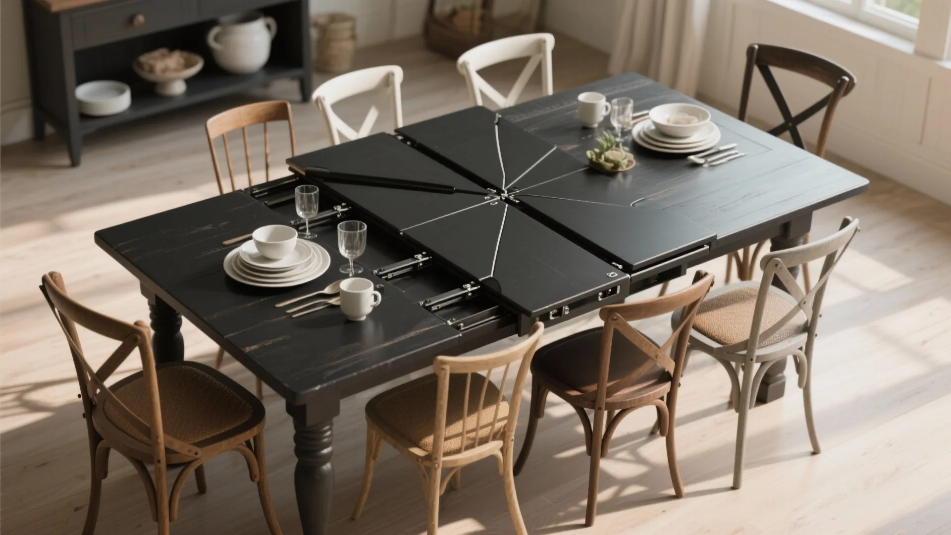2. Extendable black farmhouse table for guests