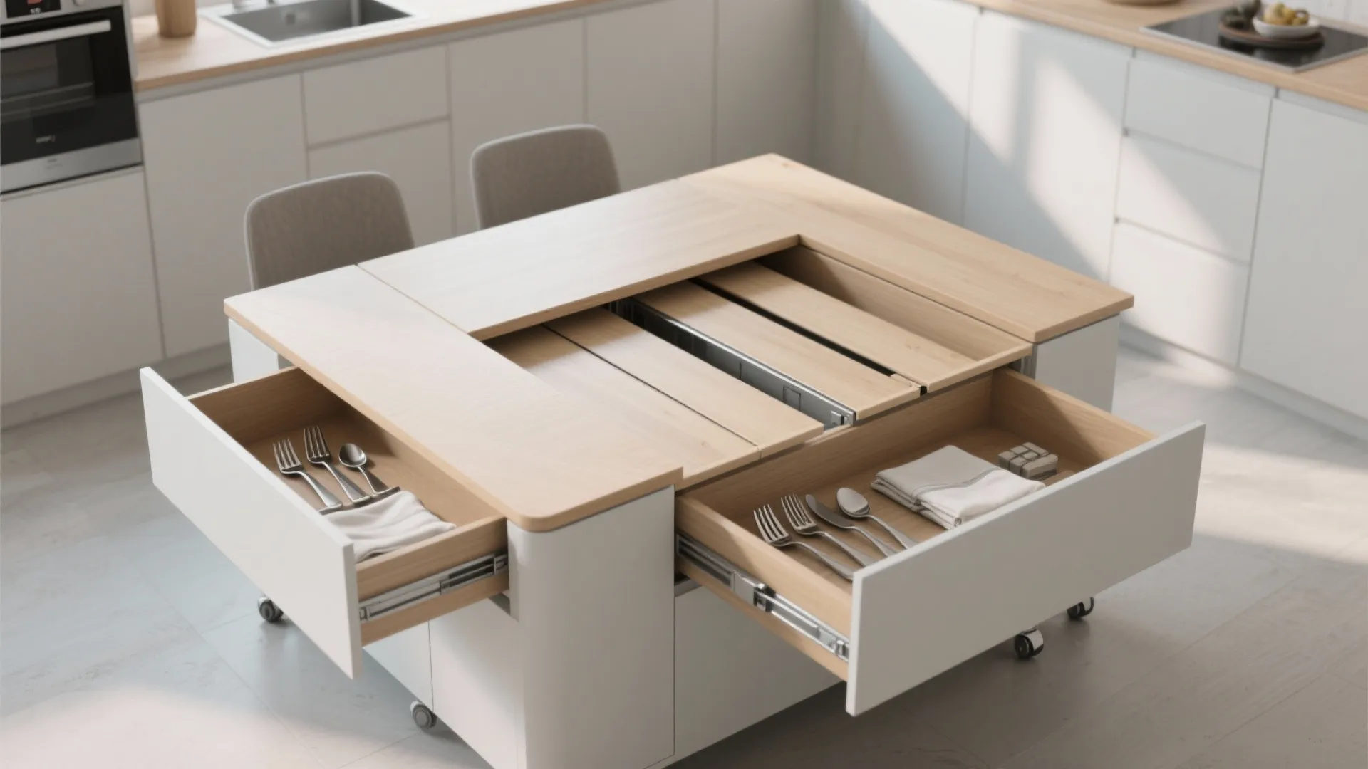 White kitchen island with wood top and open drawers holding silver forks spoons and table napkins
