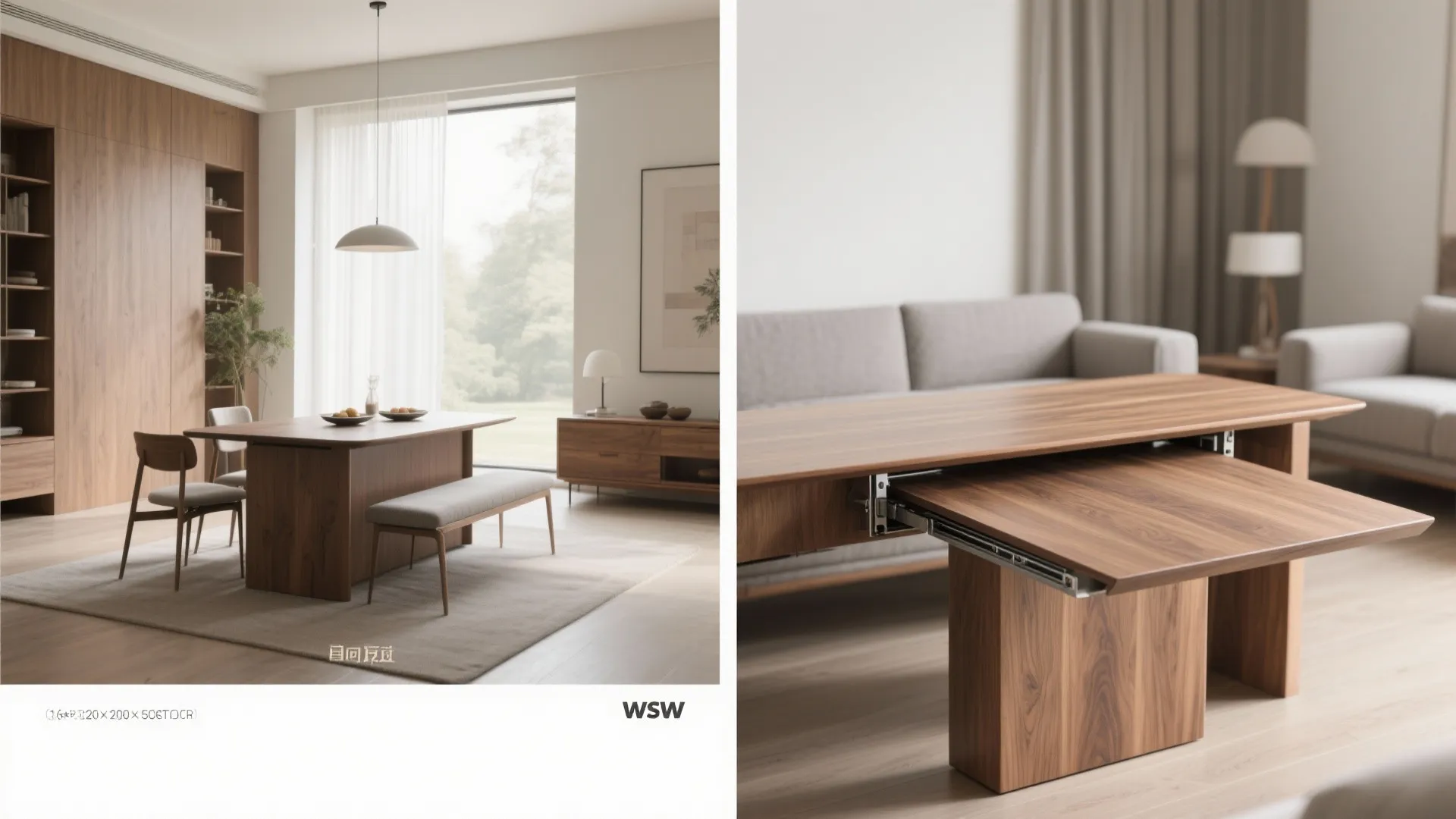 Before-and-after view of an extendable dining table compact and fully expanded in a small room.