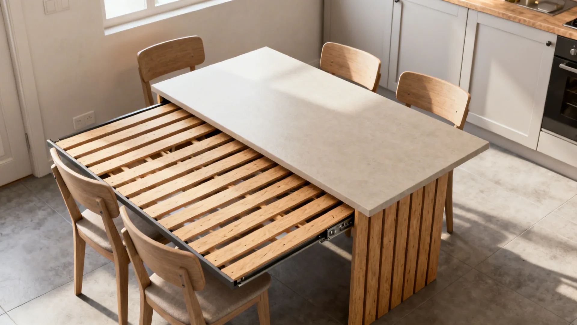 Top-down view of a narrow extendable console table pulled open into a dining table with plywood slat details.