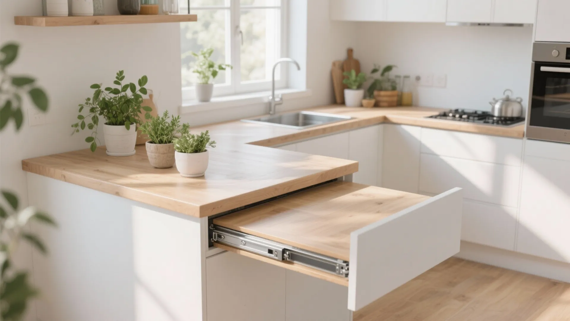 Modern white kitchen showing a pull out wooden table for extra workspace and plant pots