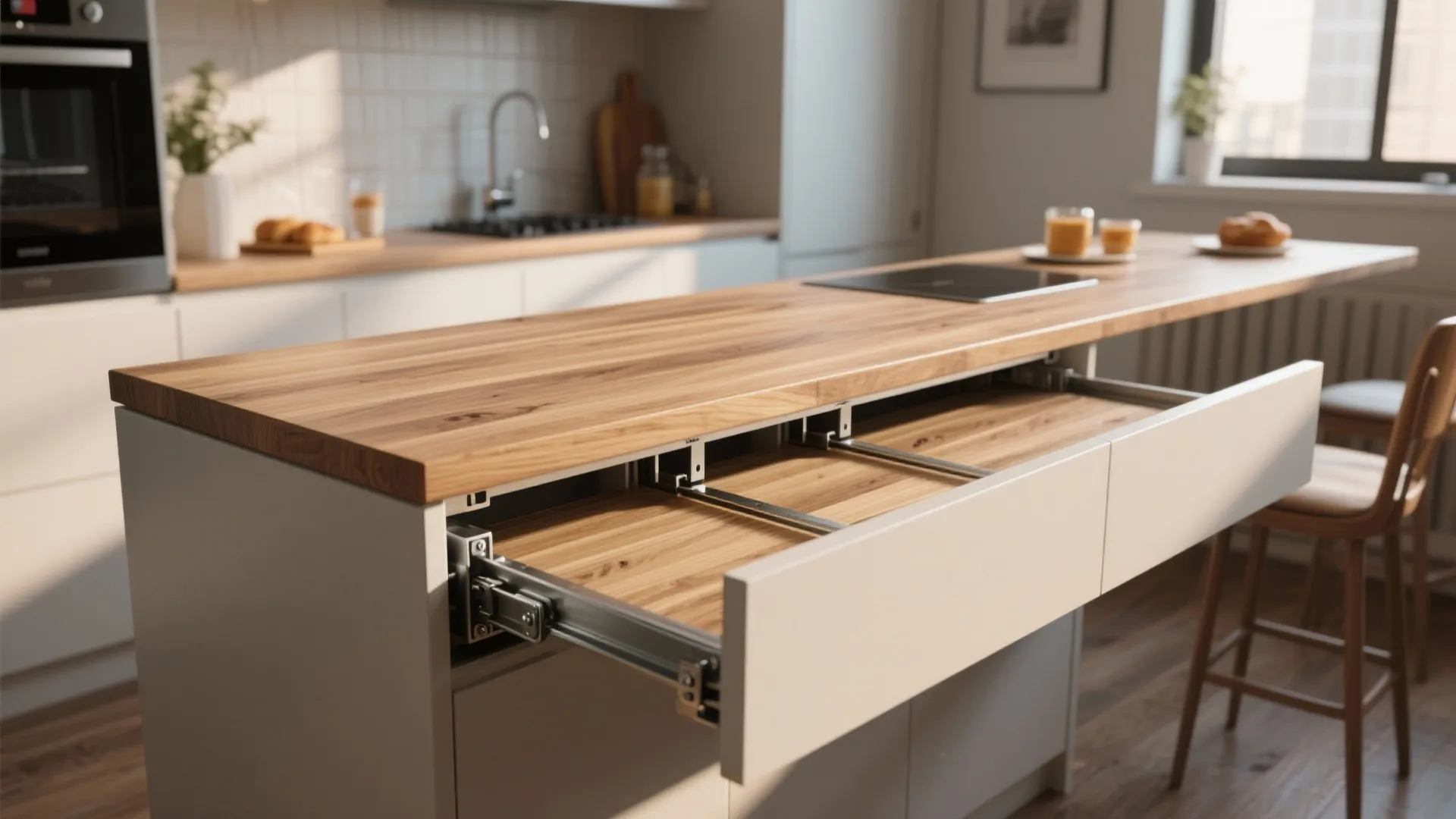 Extendable wooden kitchen countertop doubling as breakfast bar