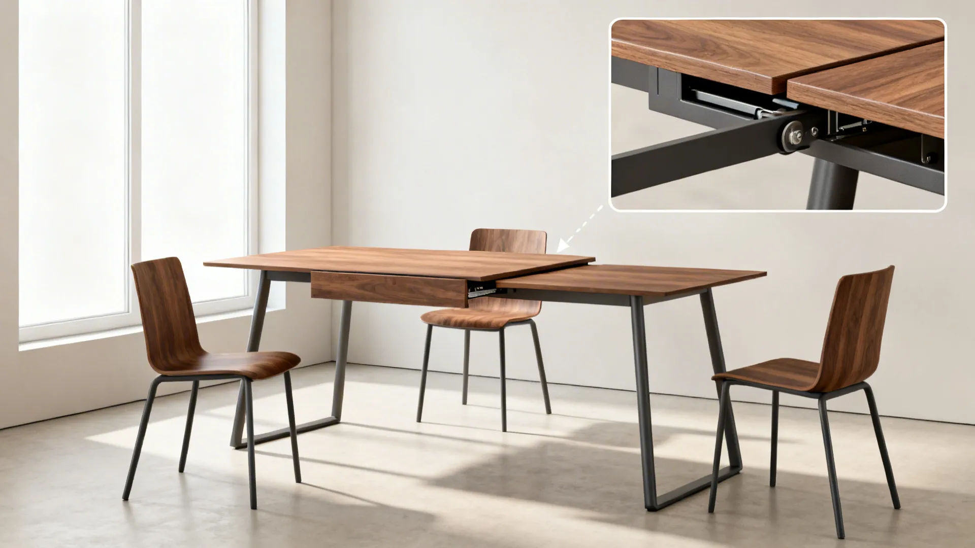 Extendable rectangular table set up as a desk by day and expanded for dining, showing center-pull mechanism.
