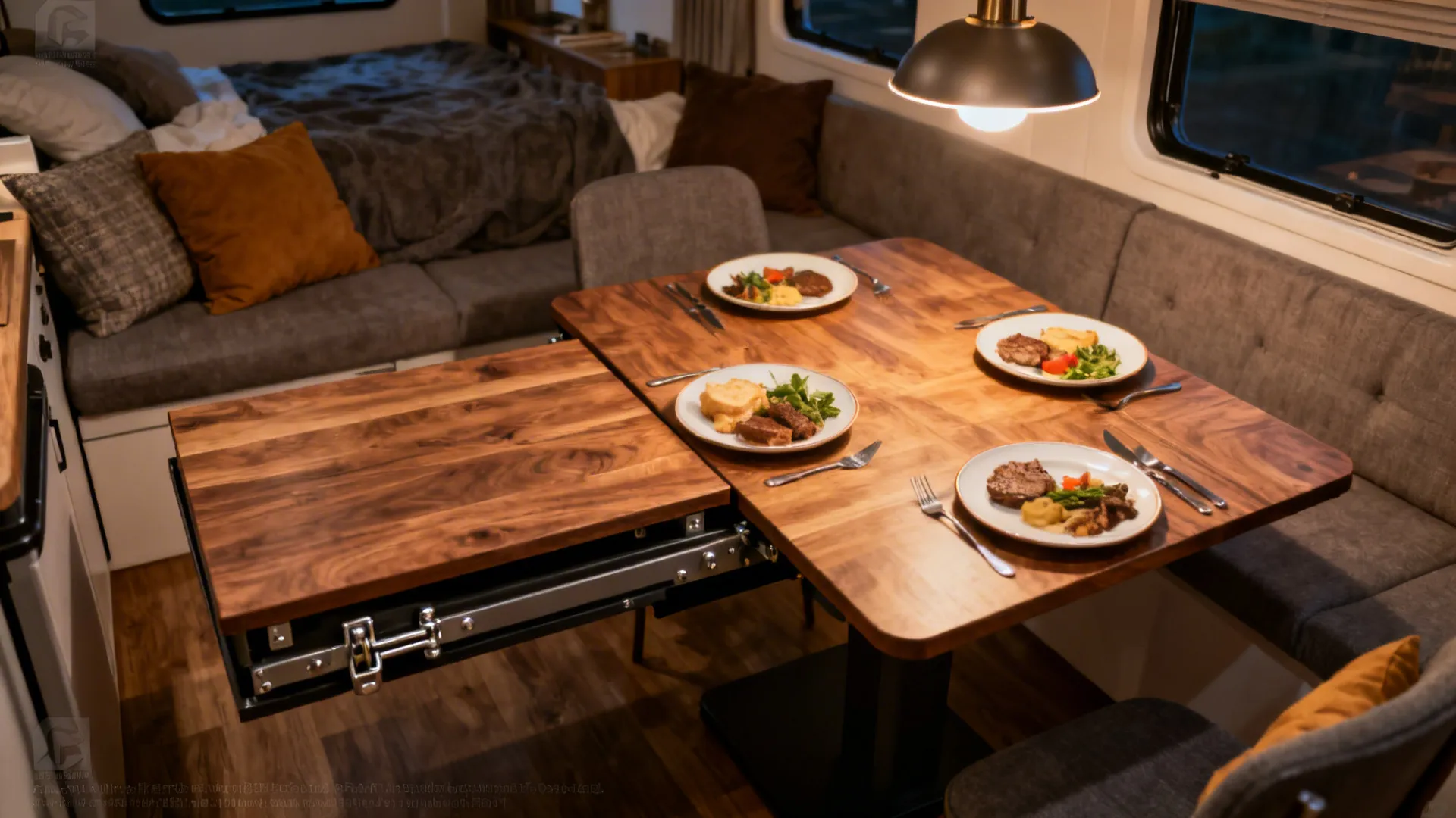 Extendable wooden dining table set for four people inside a small room with grey sofa