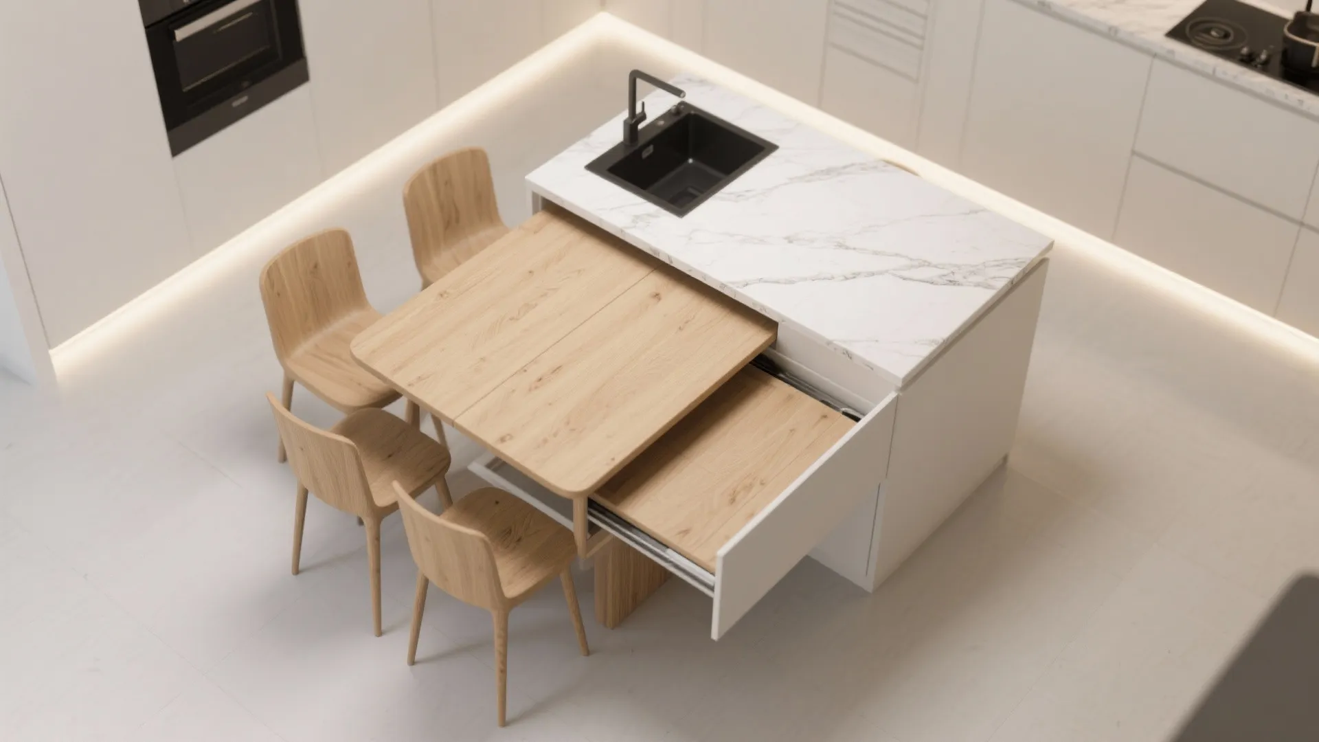 Space saving kitchen island with an extendable wooden dining table and four matching wooden chairs