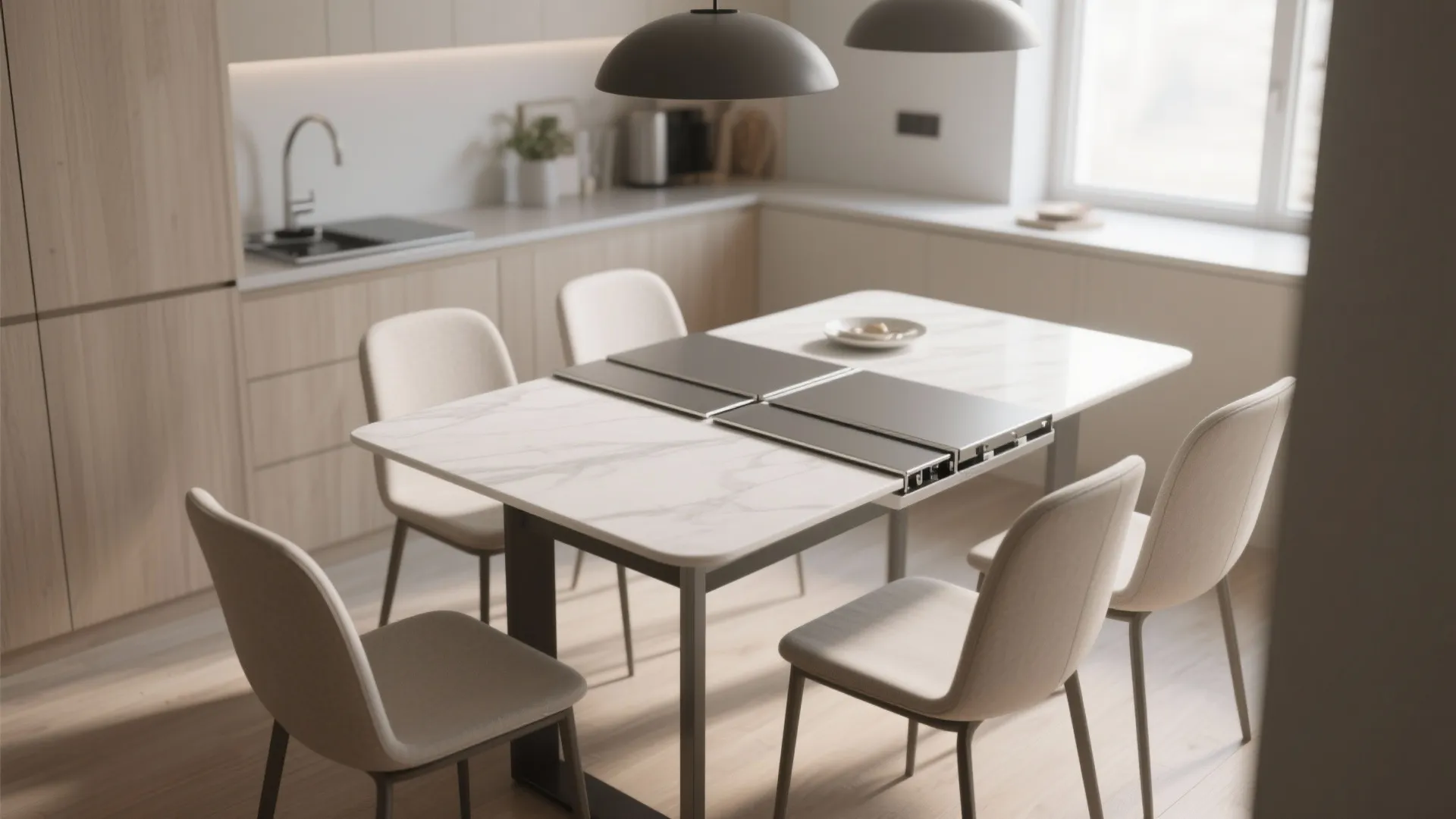 Small dining space with an extendable table and modern chairs