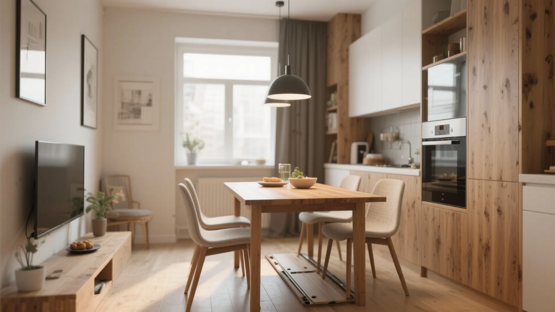 Wooden dining table and chairs in a warm kitchen with wood cabinets and black ceiling light