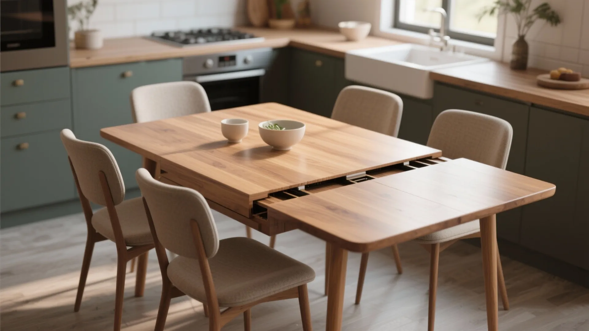 Extendable wooden dining table with beige chairs shown inside a modern green and wood kitchen