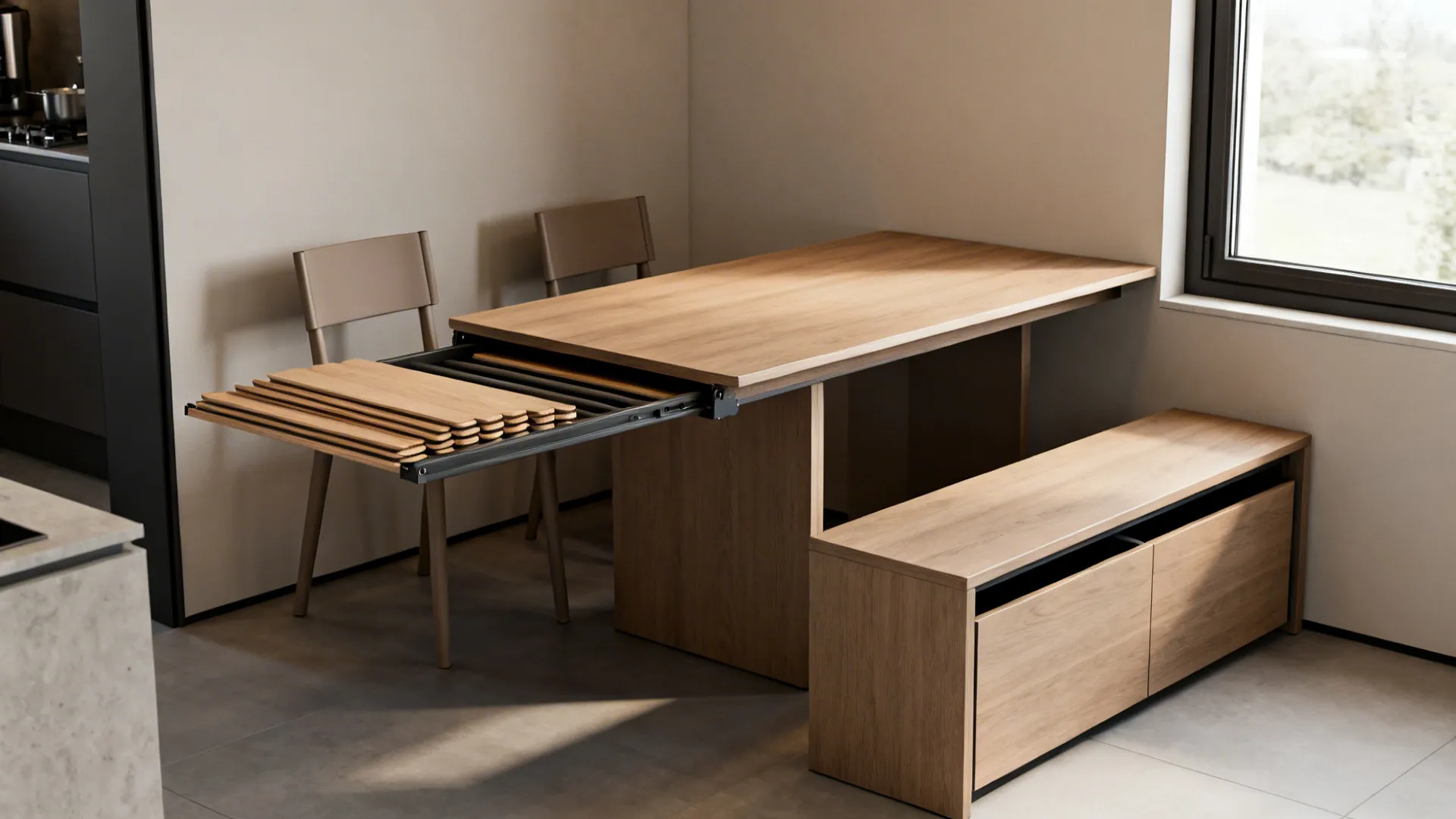 Wooden dining table with extra panels being pulled out next to a matching wooden bench