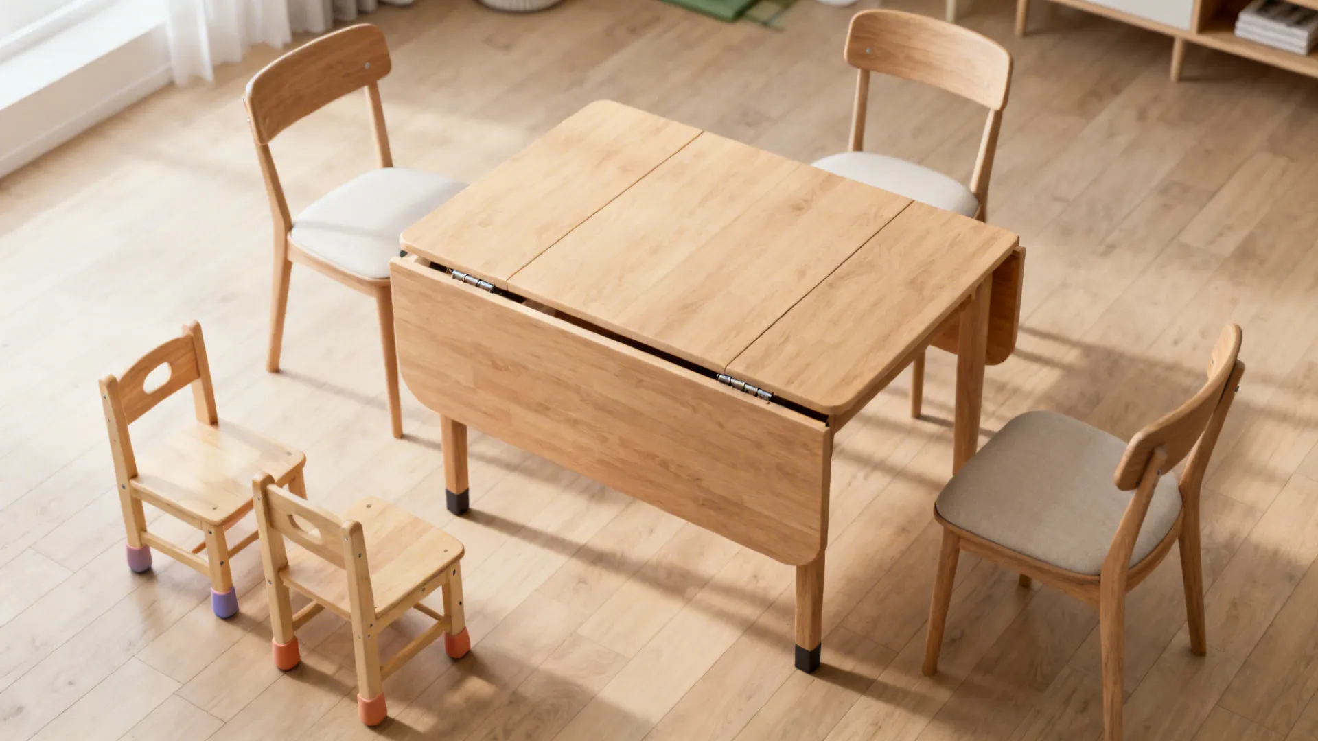 Extendable drop-leaf table shown half and fully extended with mixed seating in a small dining area