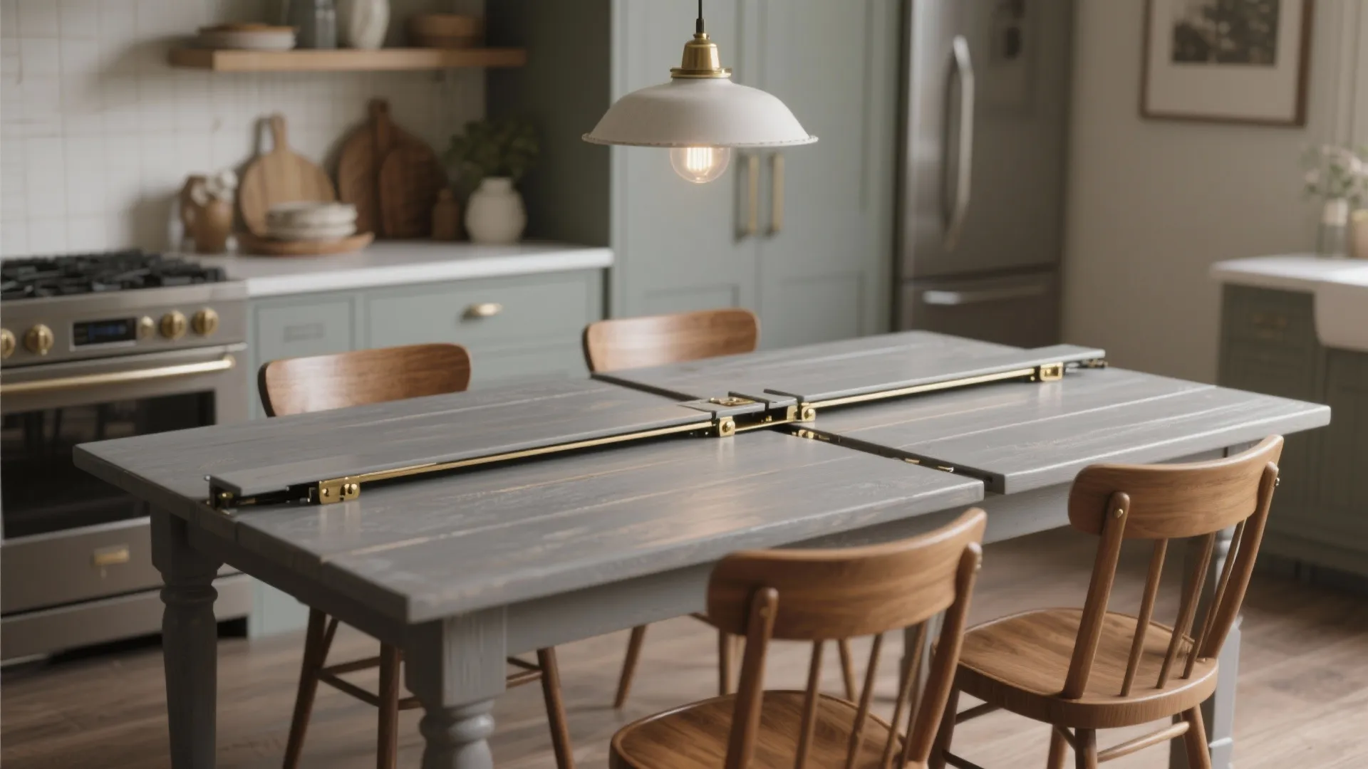 Muted grey extendable farmhouse table in a compact kitchen with warm accents
