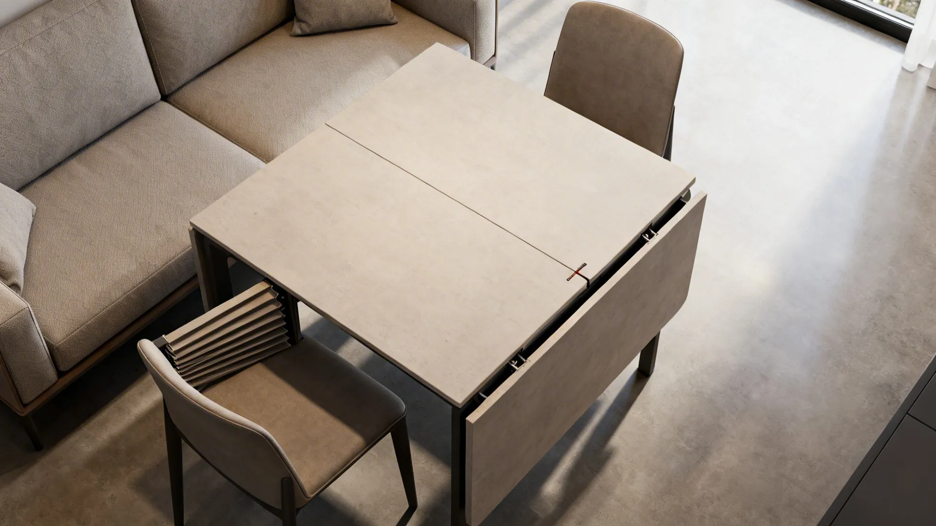Compact extendable dining table partially opened showing accordion extension and smooth mechanism.