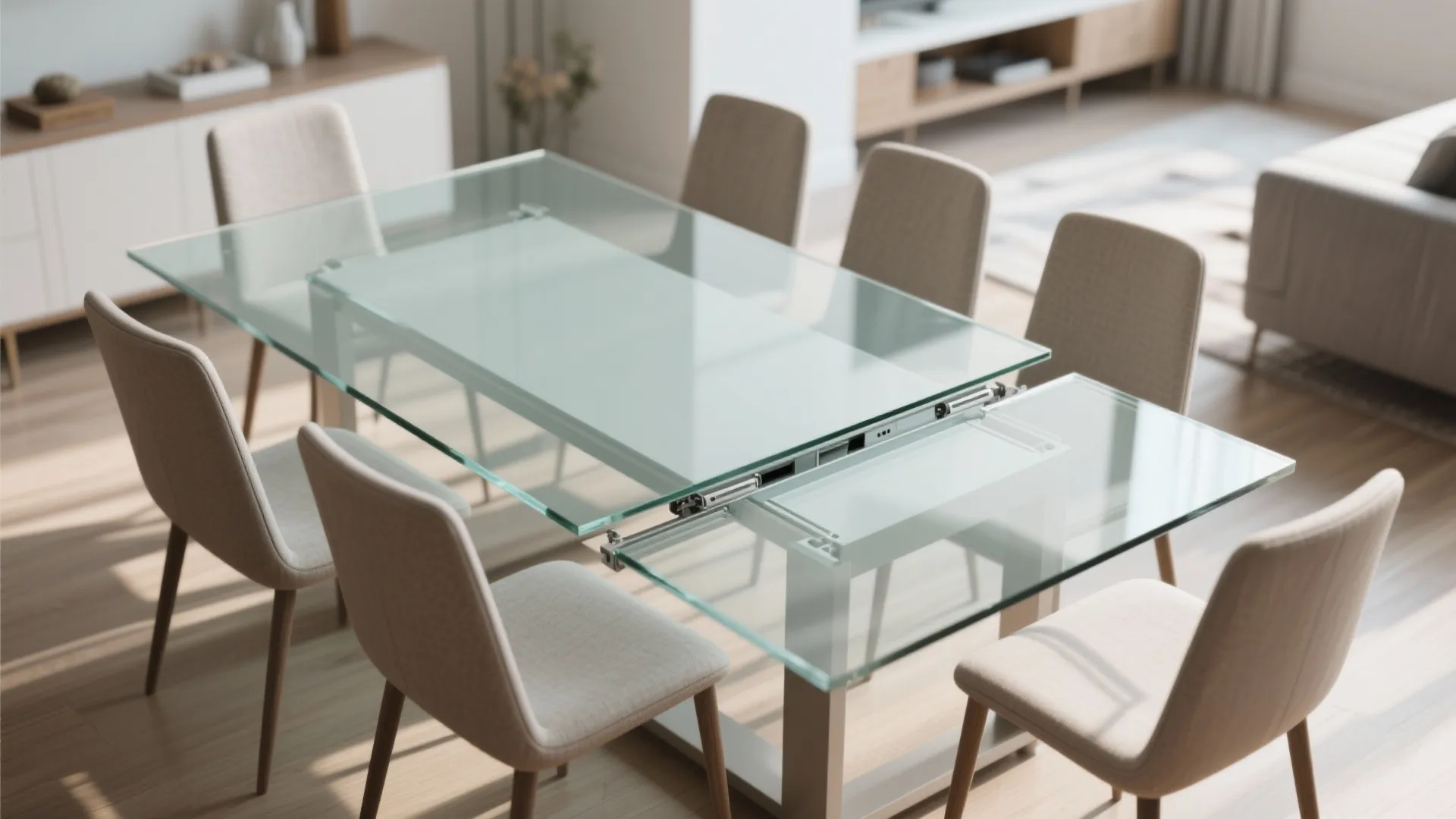 Extendable glass dining table in bright room surrounded by six simple beige fabric padded chairs