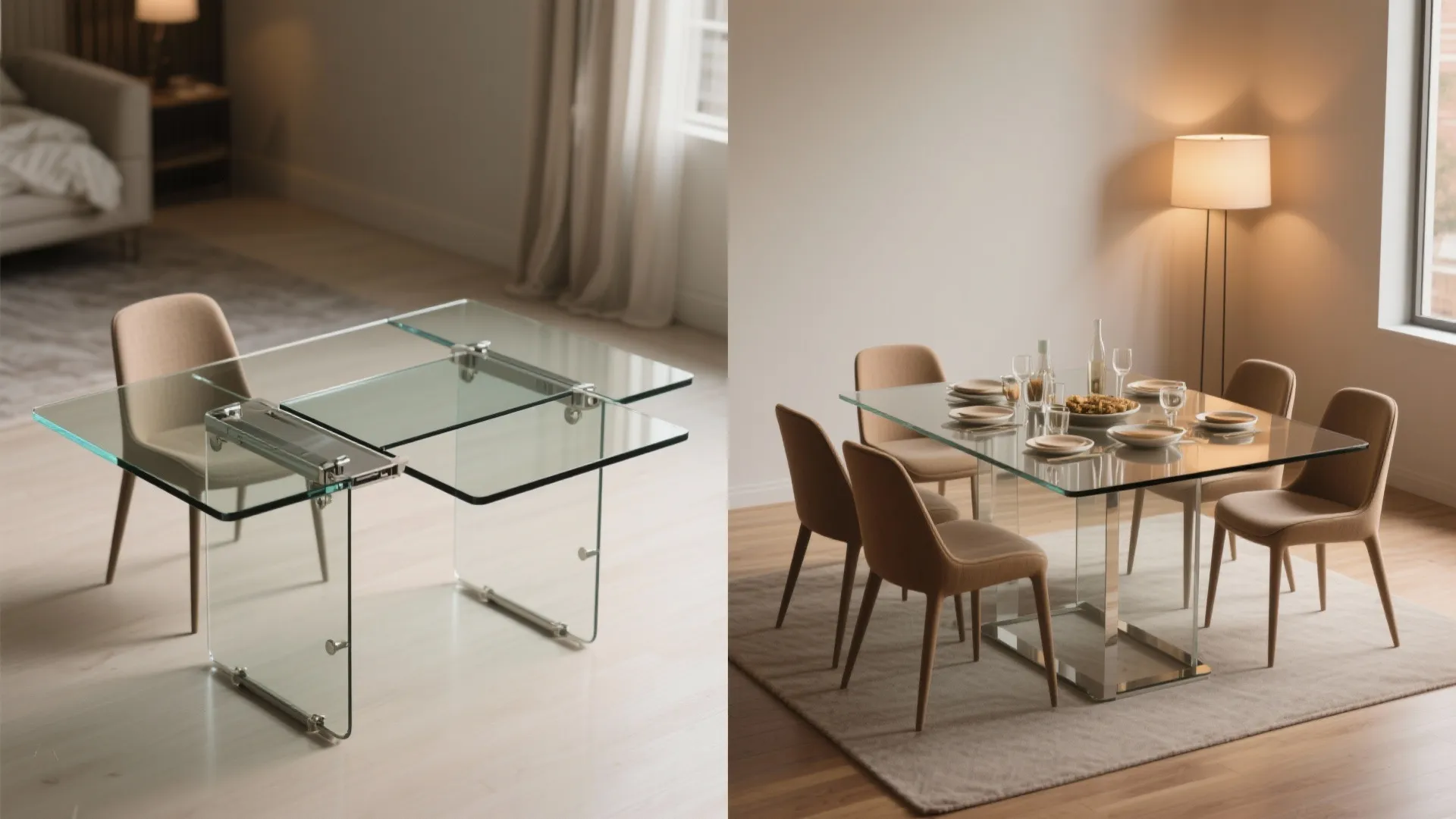 Before and after comparison of an extendable glass dining table shown empty then fully set
