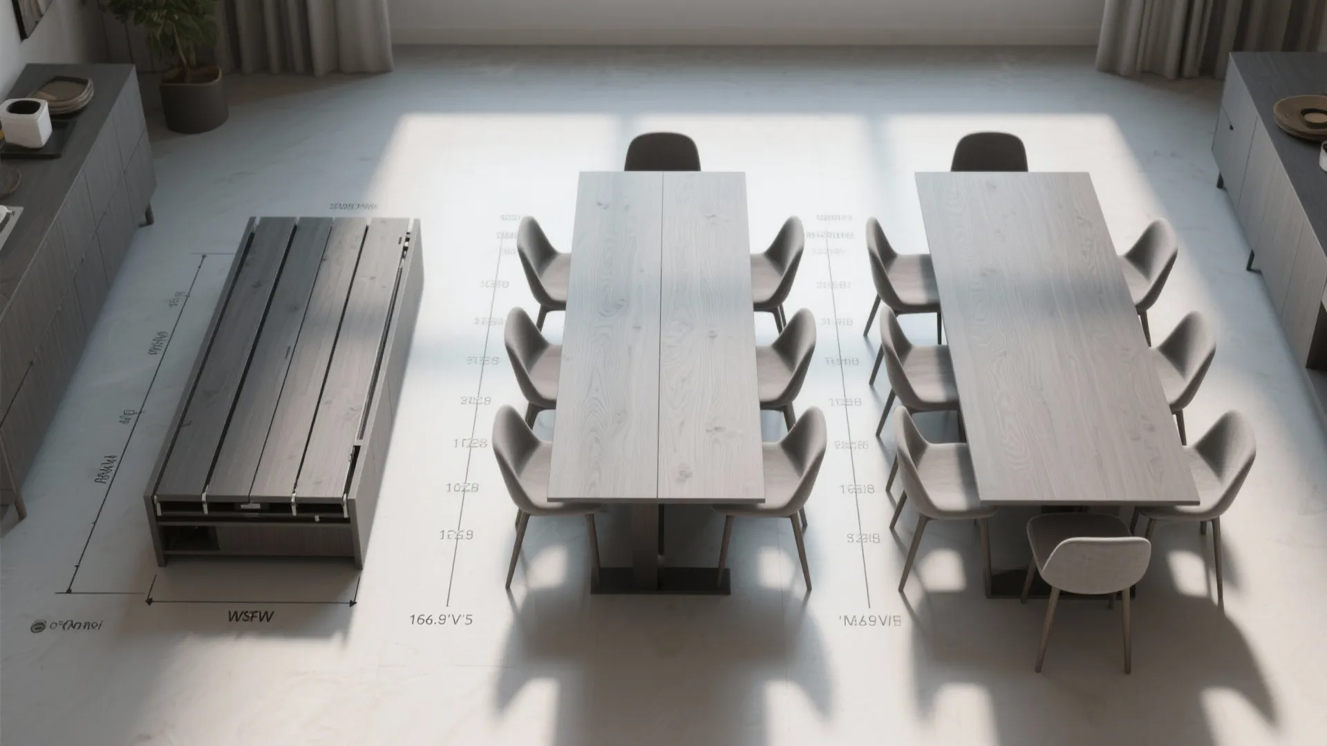 Interior design drawing showing top view of long grey dining tables with chairs and cabinets