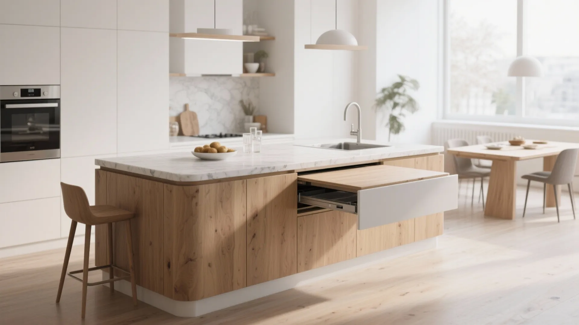 Kitchen island with pull-out dining surface extended