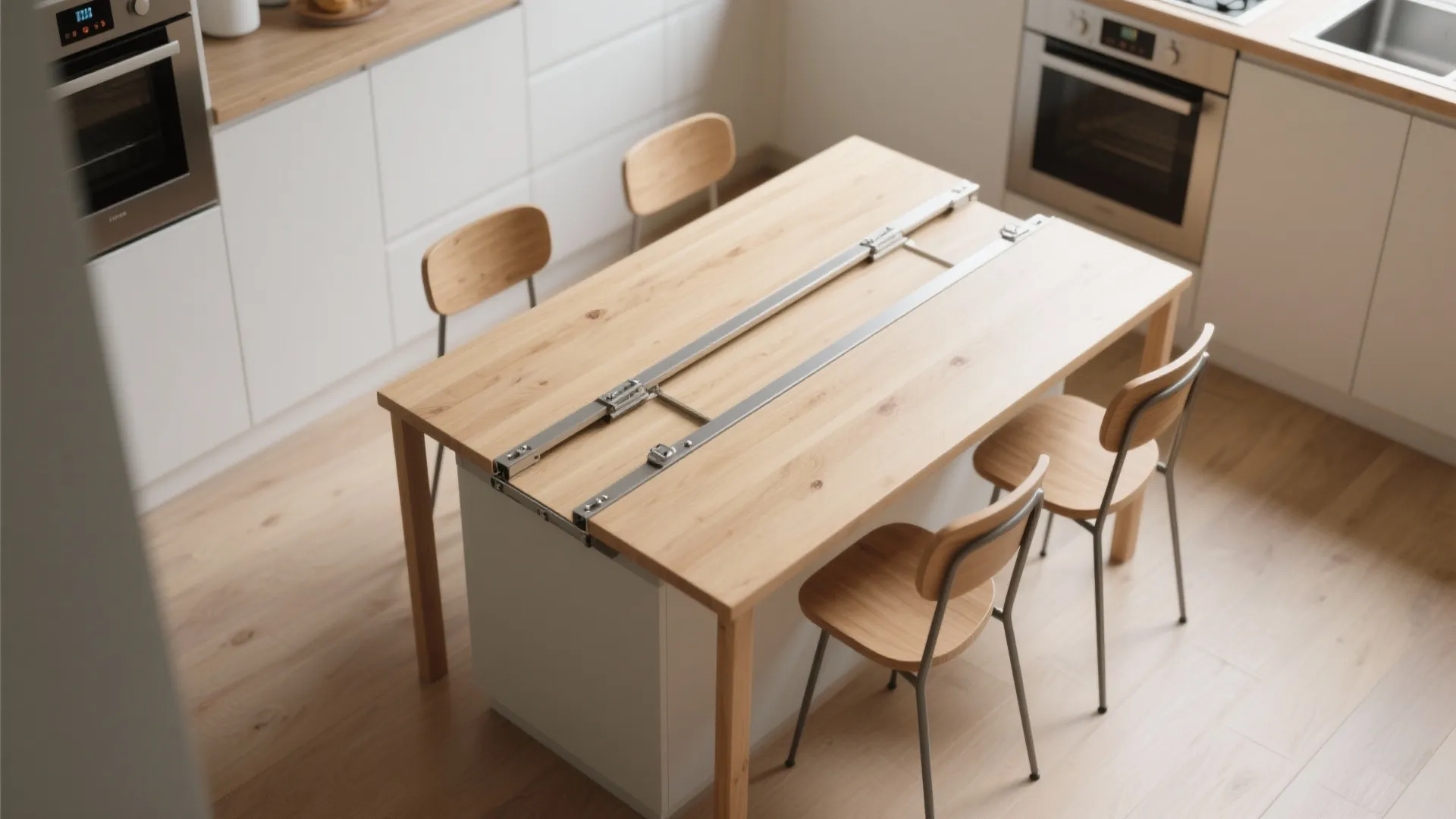 Top view of an extendable island table in a small kitchen