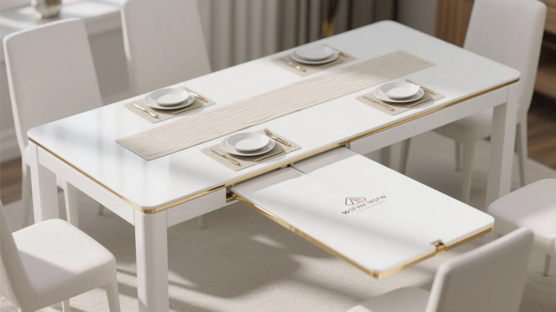 Top-down view of a partially extended white lacquer table with gold inlay and protective placemats