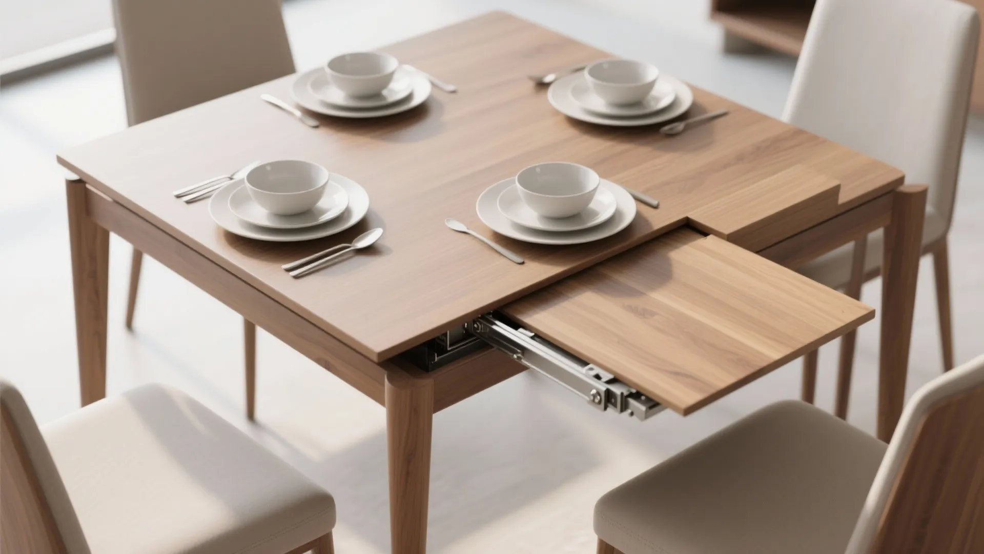 Modern wood dining table with an extendable leaf feature and four white plates and bowls