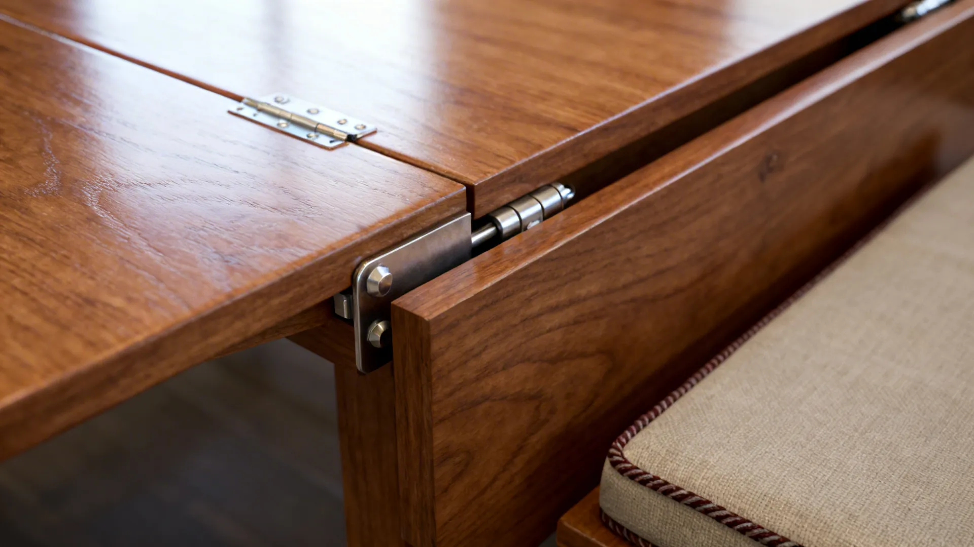Close-up of butterfly leaf mechanism and bench damper in light oak.