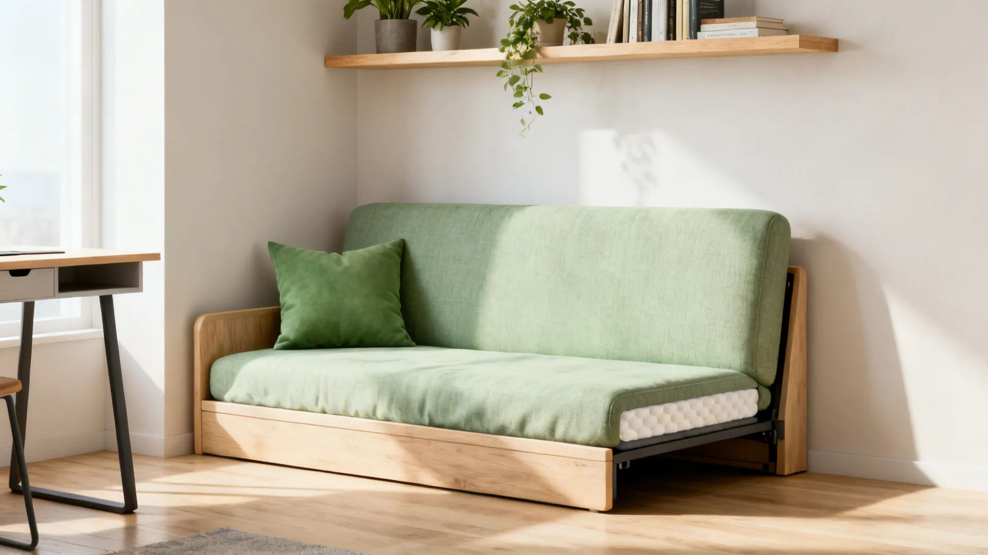 Convertible loveseat extended into a small bed with a floating shelf above in a studio.