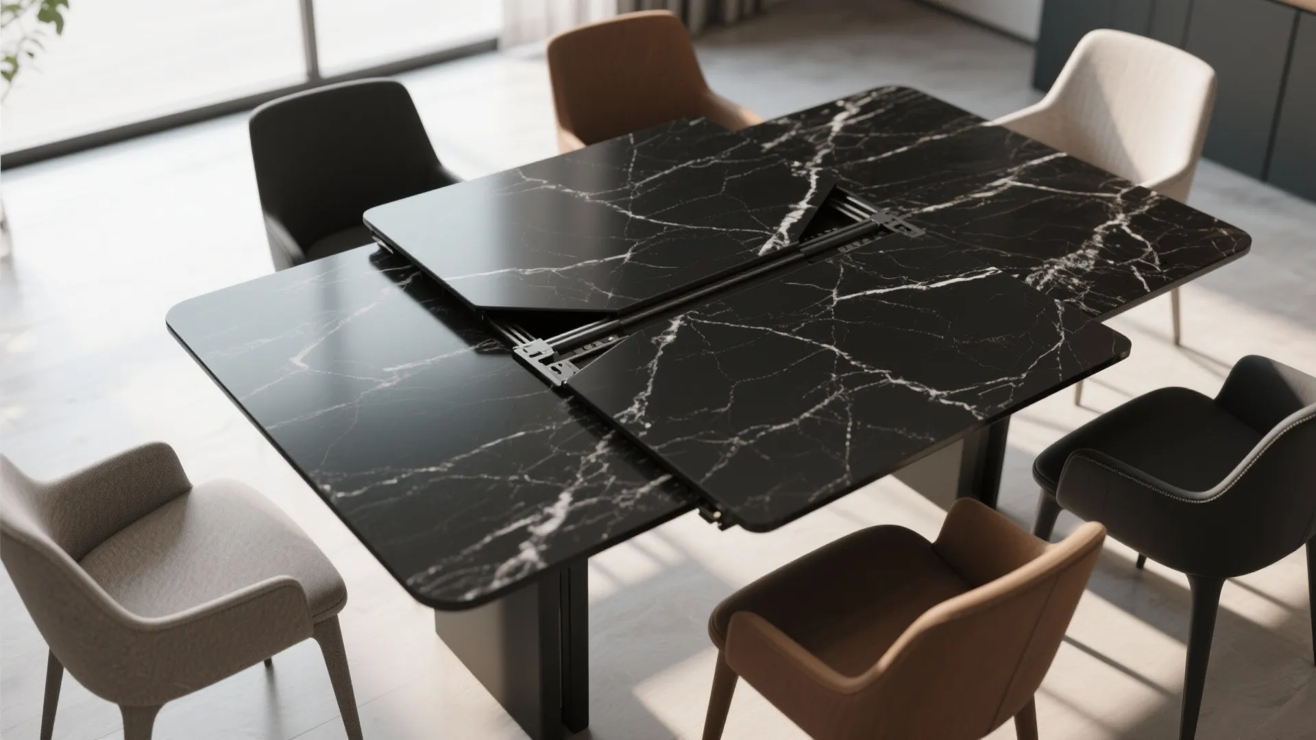 Modern black marble dining table with extension mechanism surrounded by grey and brown colored chairs