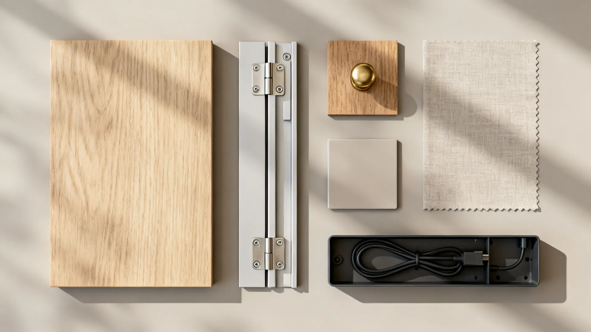 Flat-lay of wood samples, slide hardware, hinges, fabric, and finish chips for extendable tables.