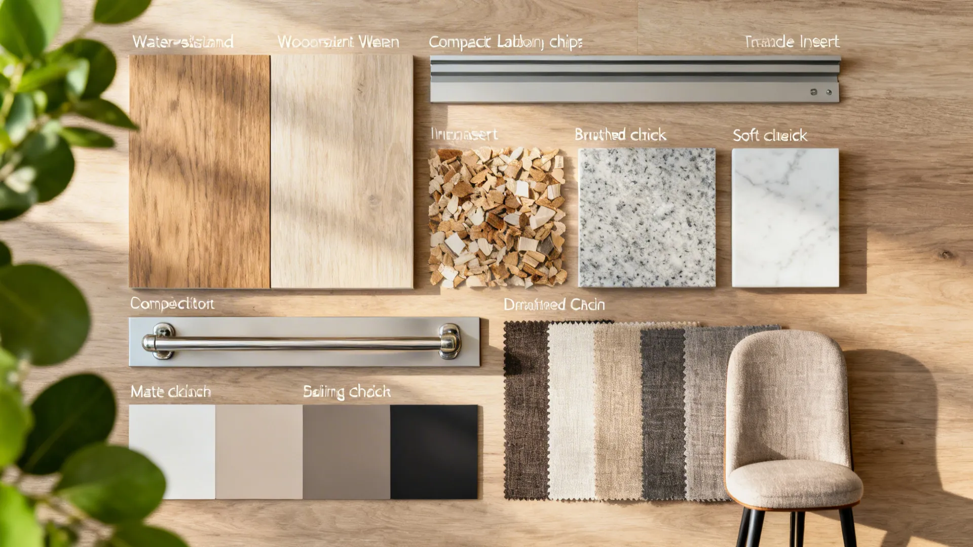 Interior design mood board showing wood panels, stone tiles, fabric swatches, metal handle, and chair