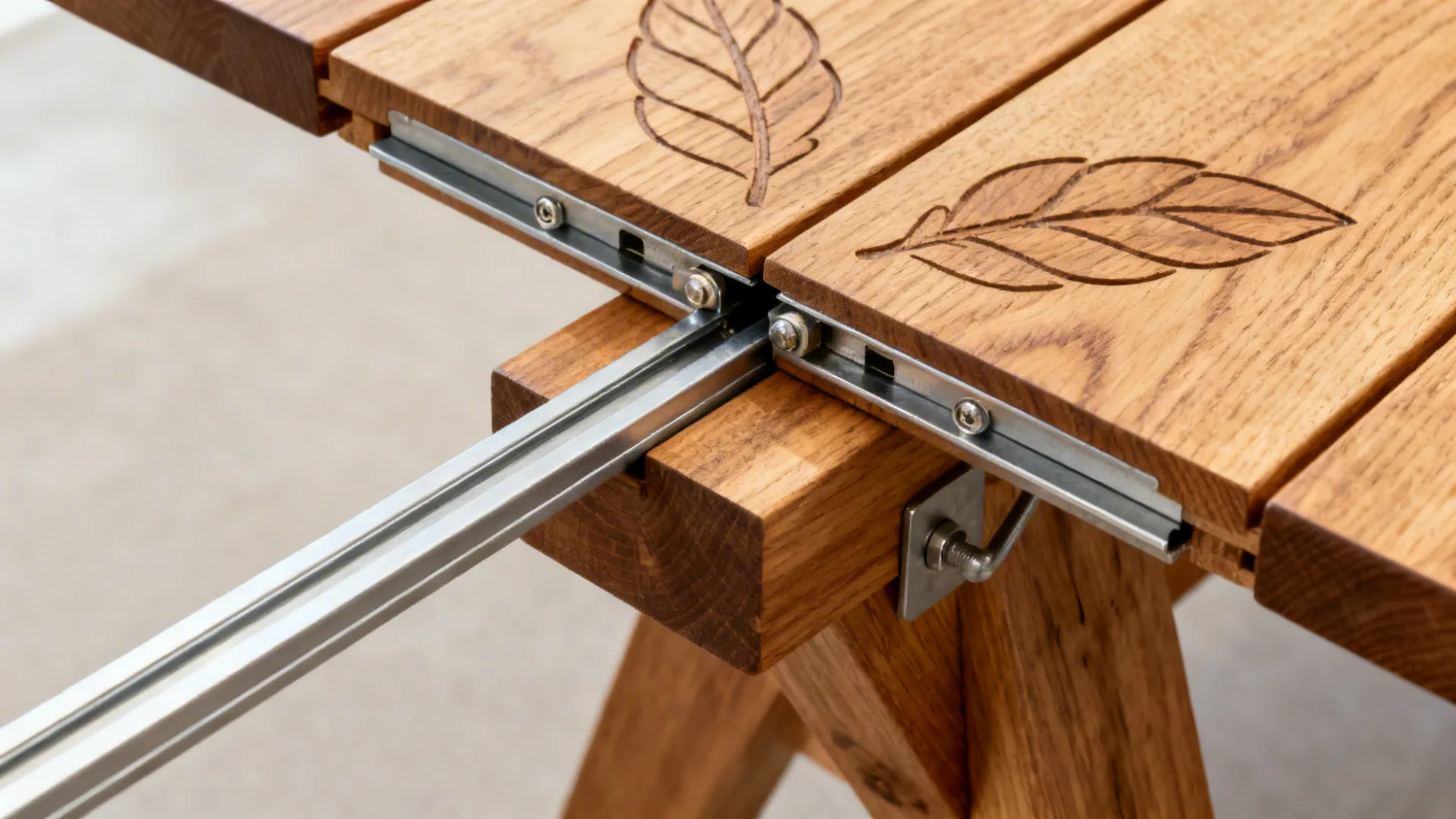 Macro of extension rails and leaf joint on an oak dining table showing sturdy hardware and clean alignment.