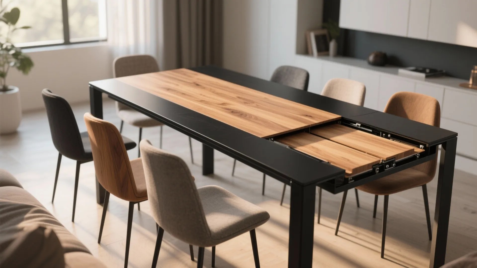 2. Extendable black metal frame with wooden top