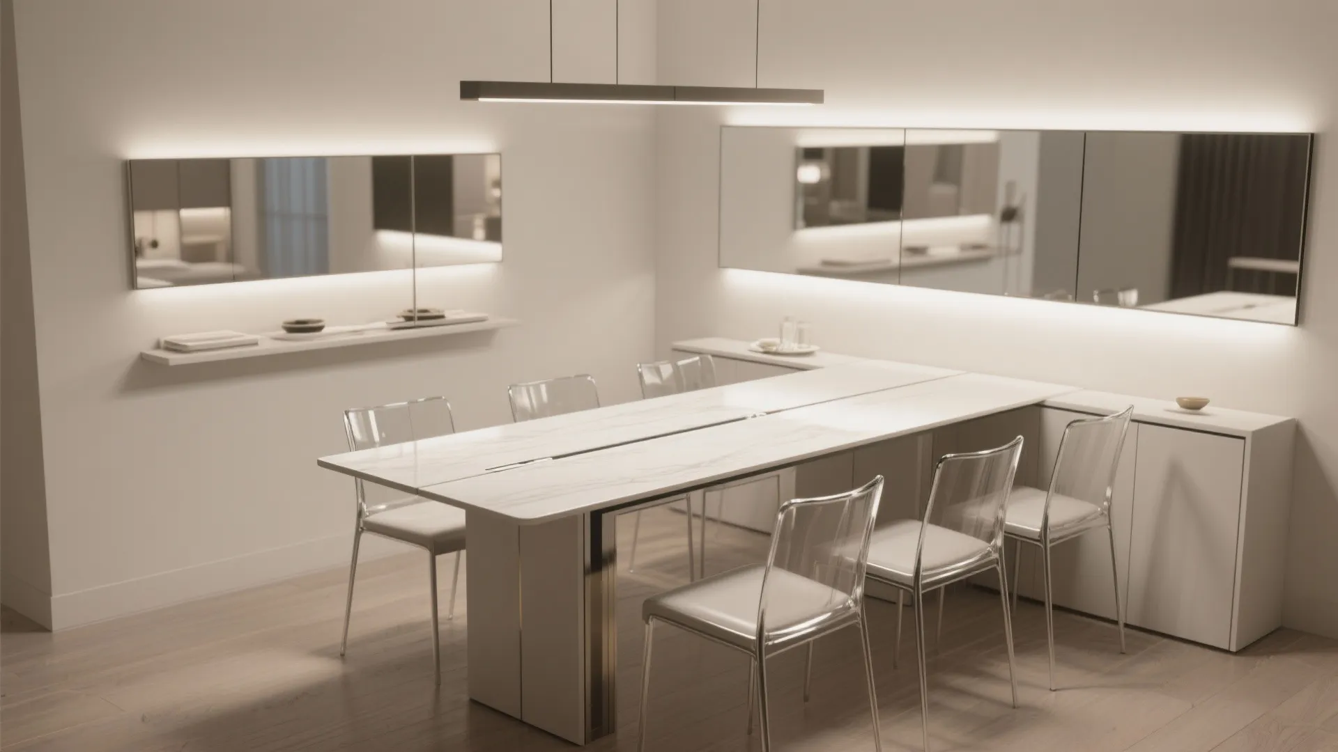 2. Slim extendable table with mirrored accents