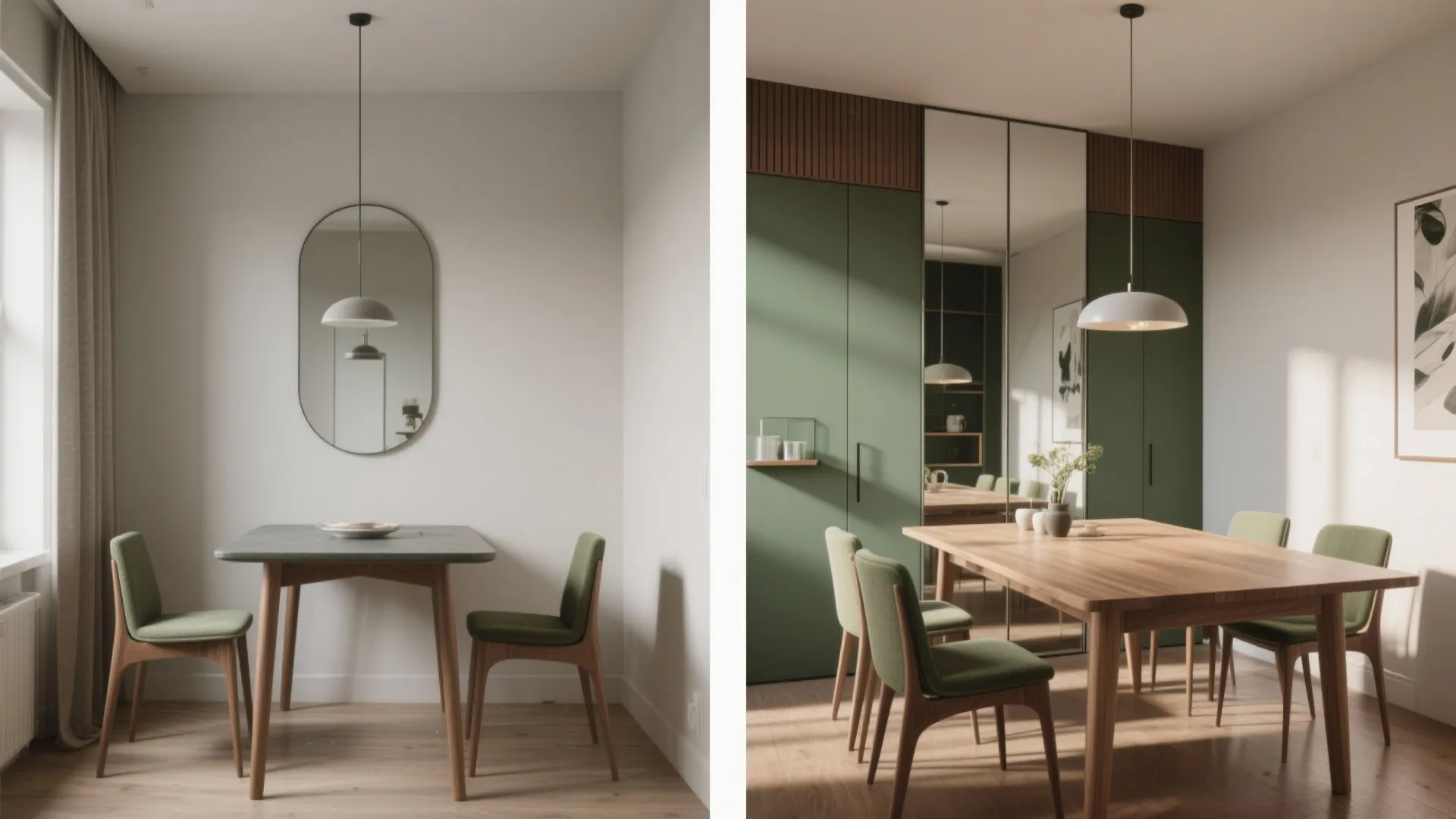 Side-by-side view showing a small dining table and a larger extended wooden dining room table