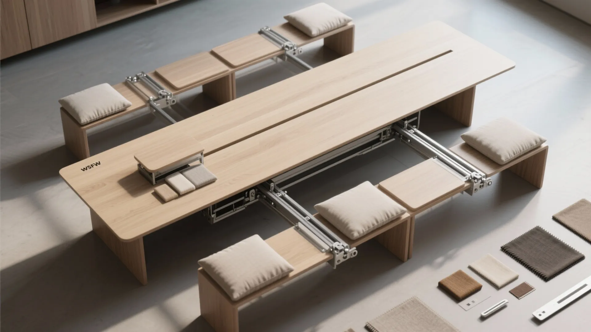 5. Extendable narrow table and modular bench pieces