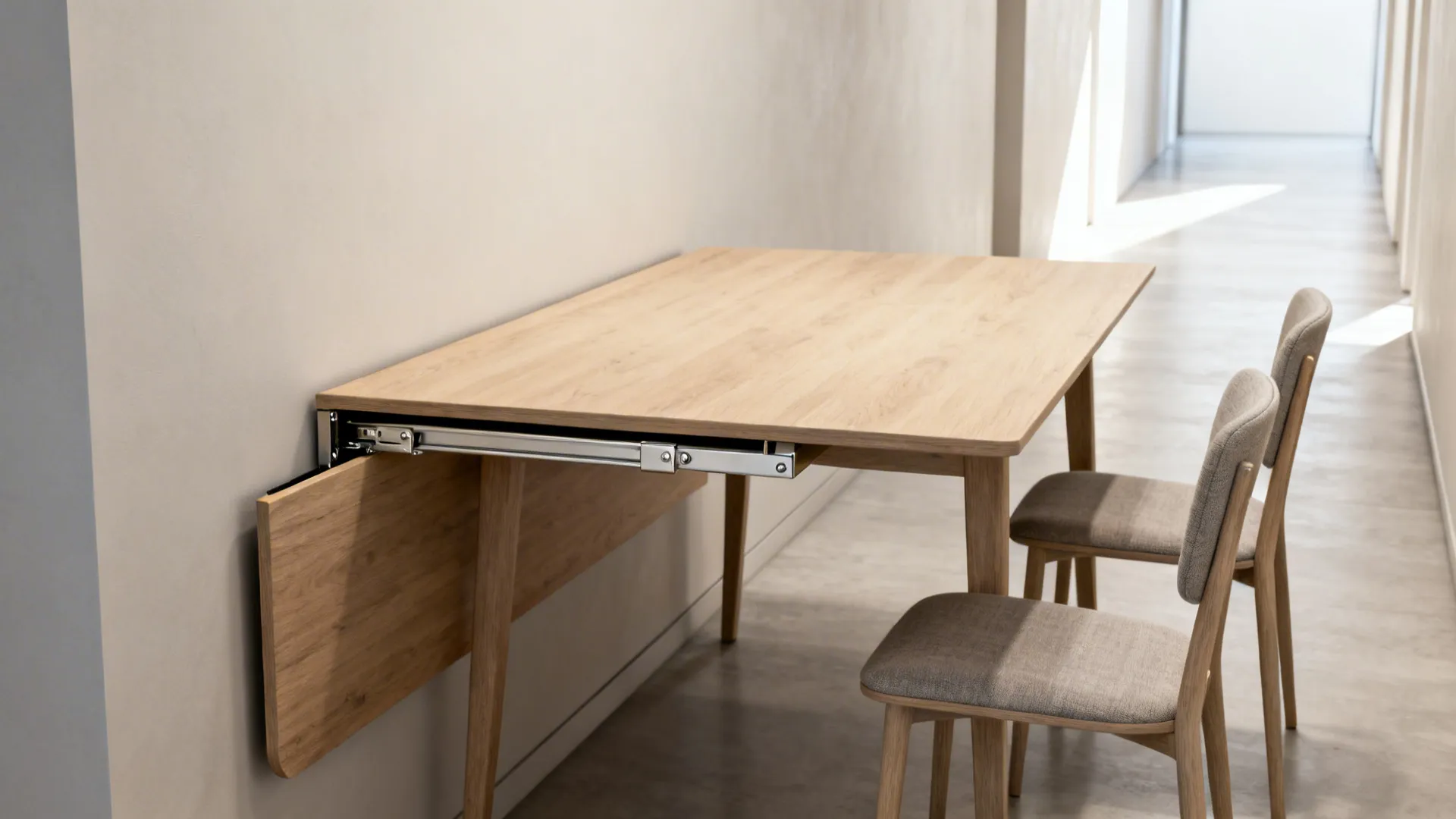 Narrow dining area with an extendable rectangular table partially opened to save walkway space.