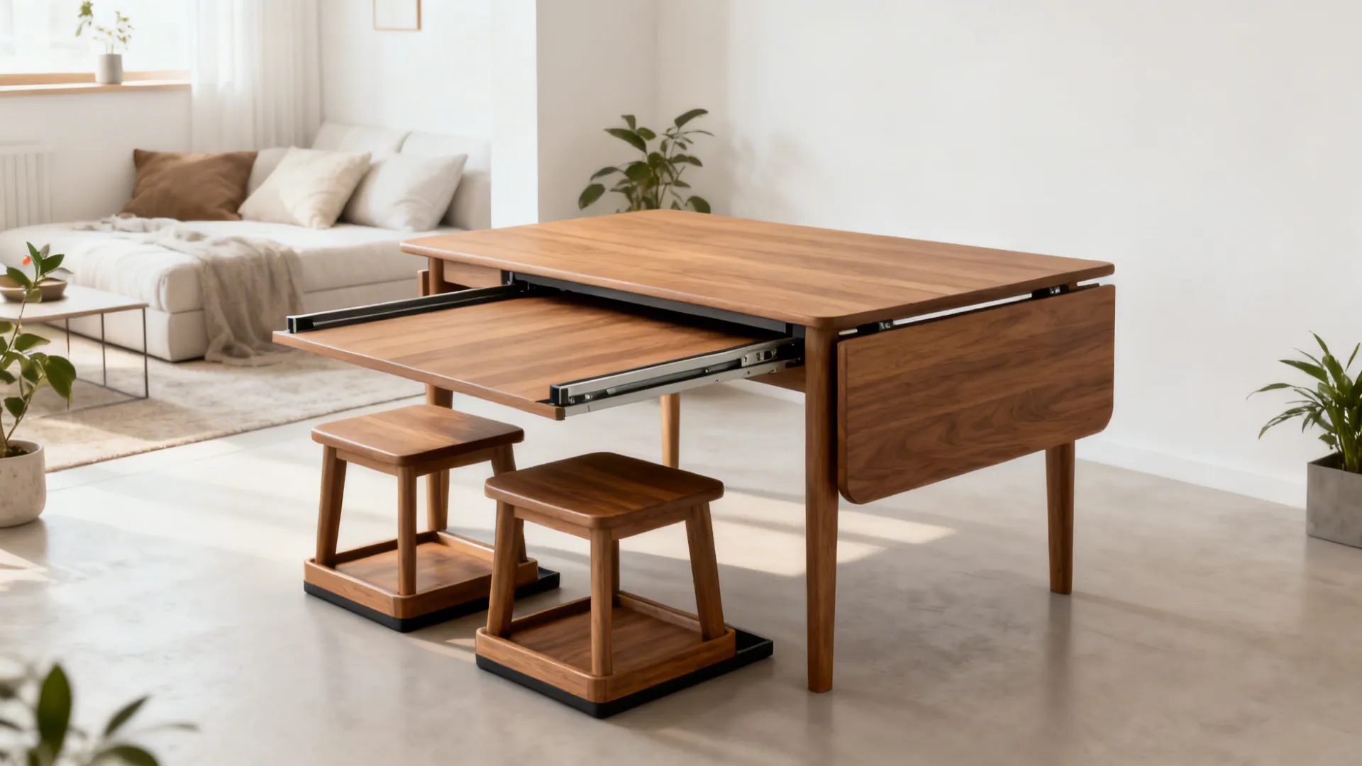 Compact extendable table with nesting stools shown in closed and extended modes.