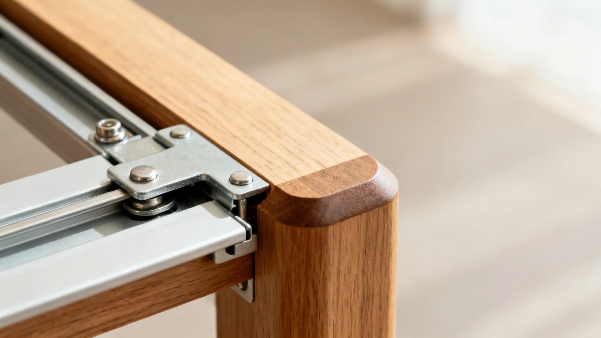 Close-up of extendable table slide rail and rounded corner detail.