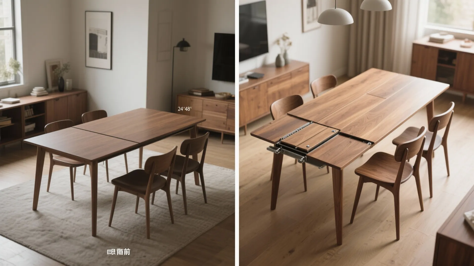 Before and after comparison of a wooden extendable dining table with matching chairs in a room