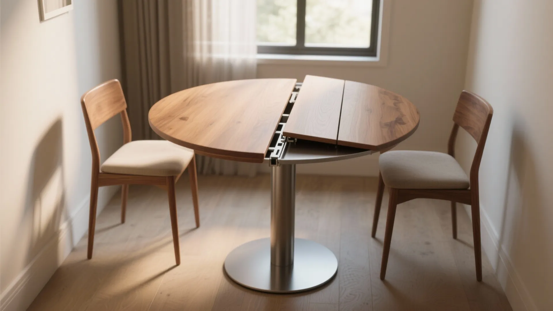 1. Extendable round table with hidden leaves