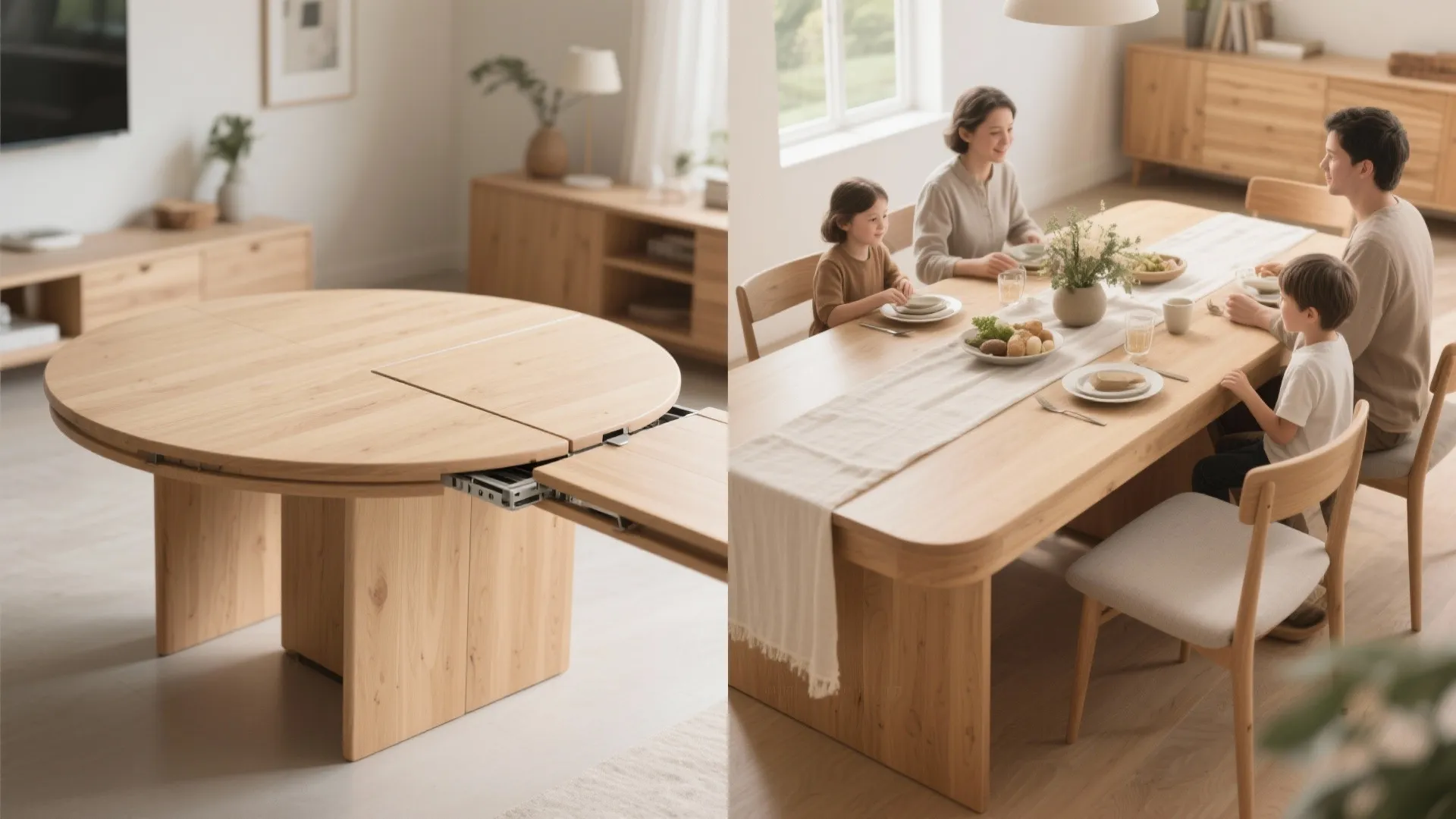 Before and after showing a round wooden table transformed into a large family dining table