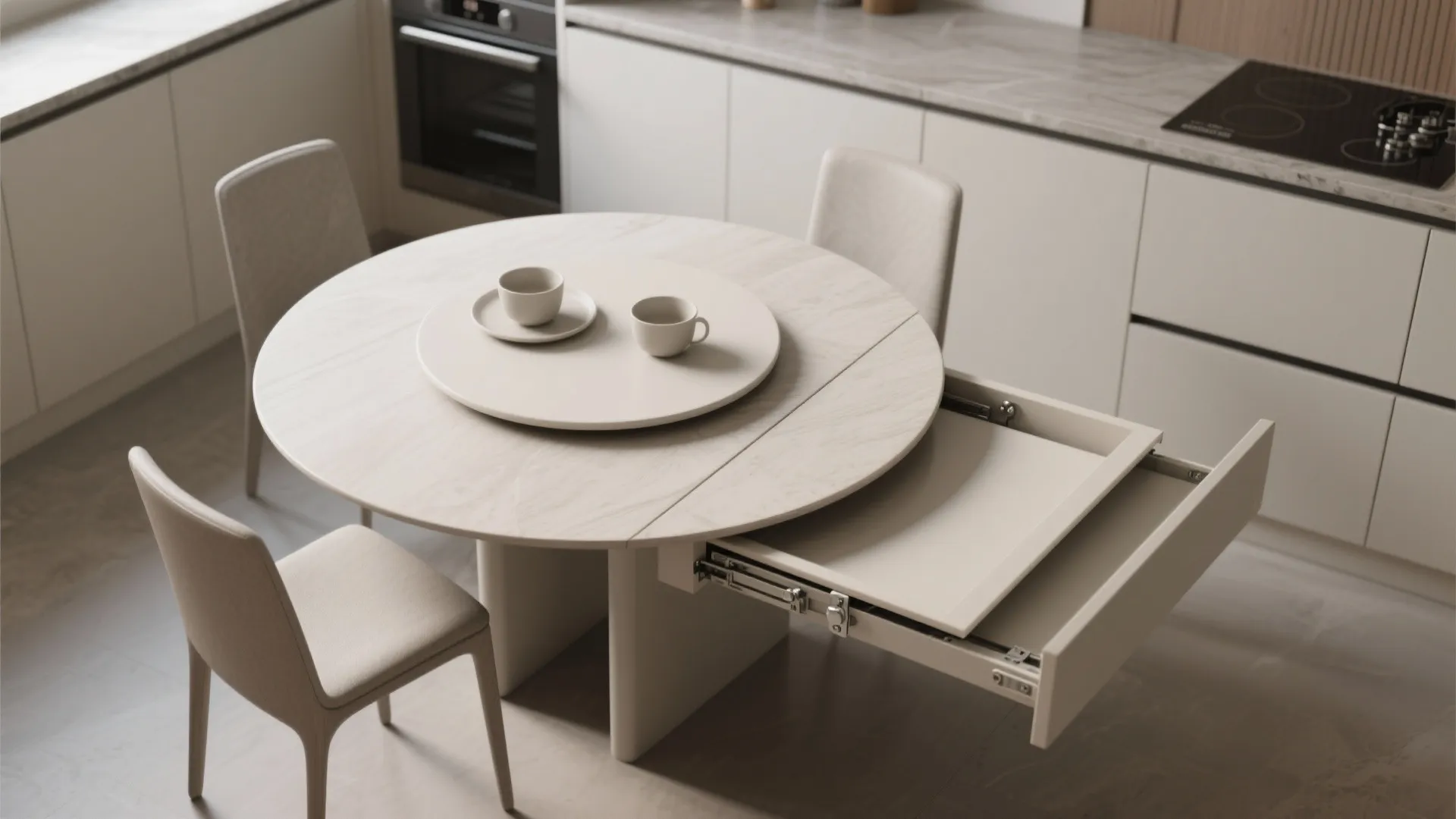 Extendable round dining table with pull out drawer showing internal leaf for extra seating space